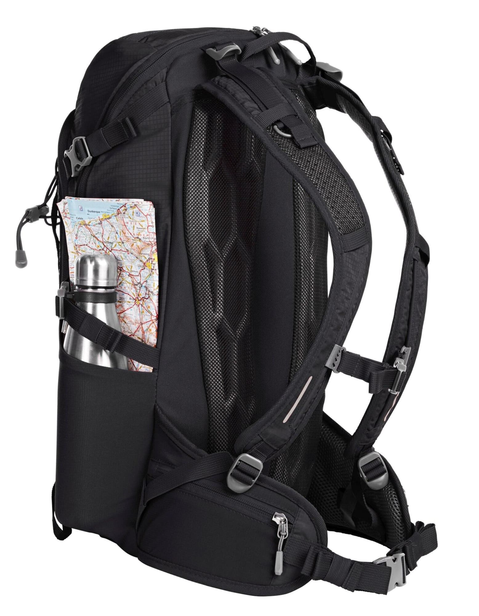 A black outdoor backpack with a water bottle and map visible in its side pockets. Features padded straps and a mesh back.