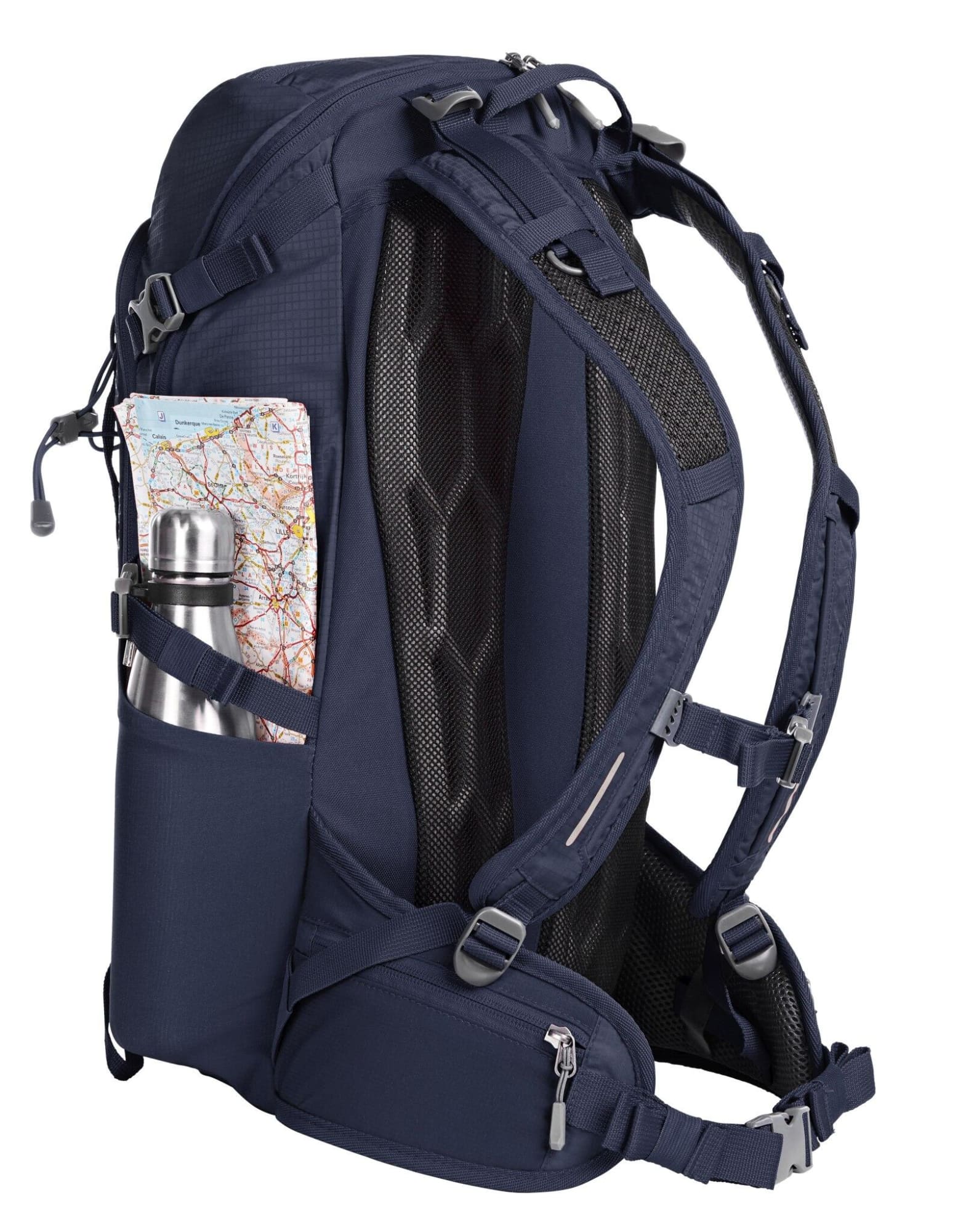 A navy outdoor backpack features a drink bottle in a side pocket and a map tucked into the mesh back.