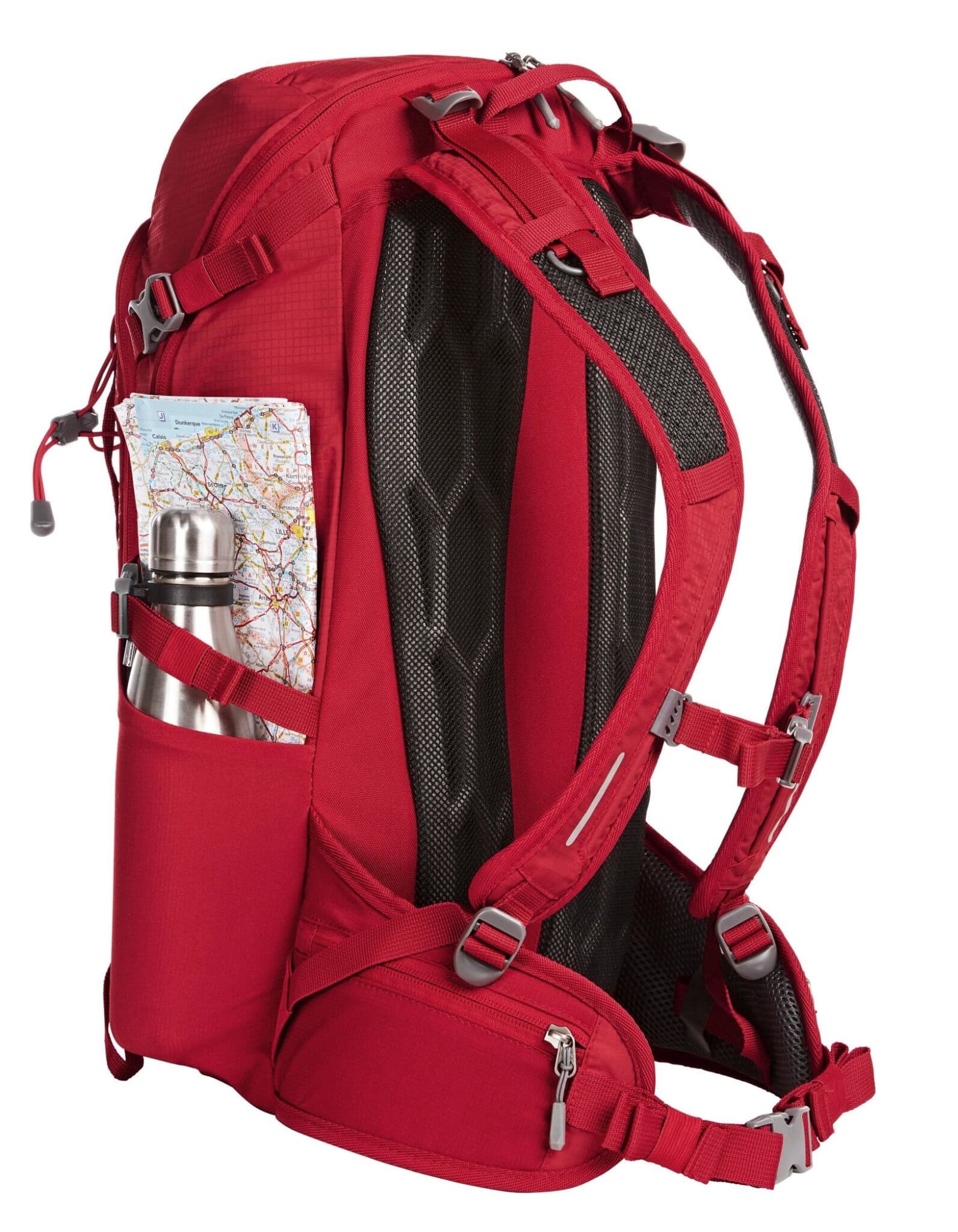 A red outdoor backpack featuring side pockets for a drink bottle and a map, with adjustable straps and mesh detailing.