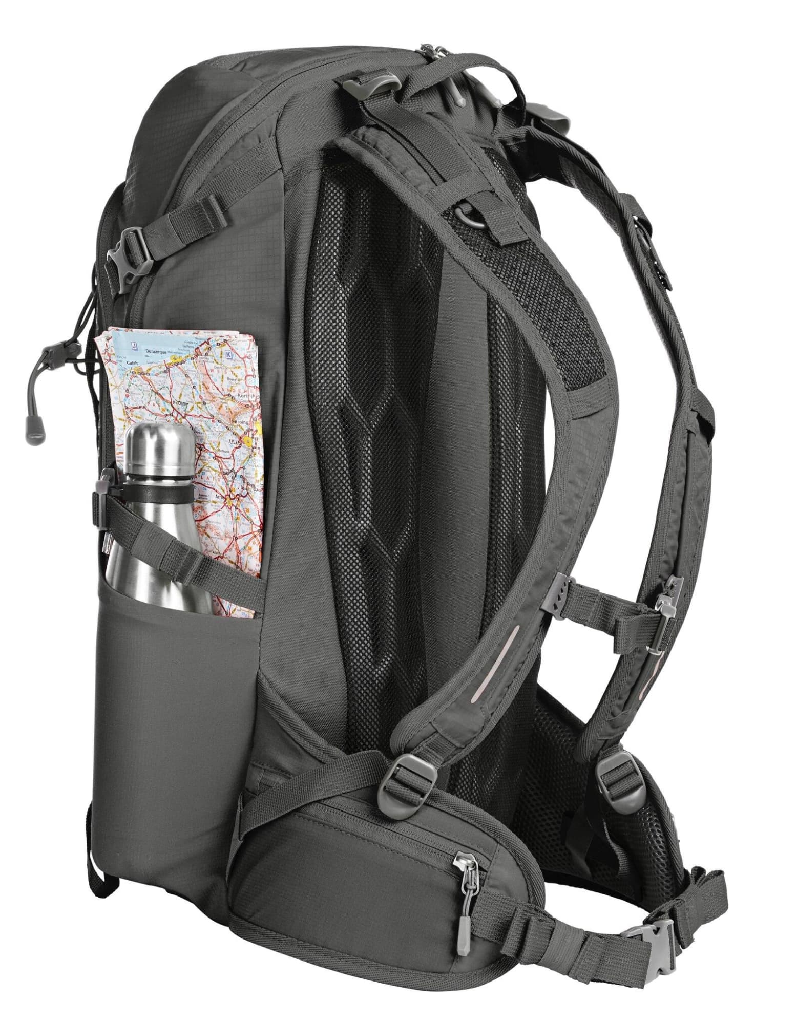 A charcoal grey outdoor backpack with a water bottle and map visible in side pockets. Features multiple straps and compartments.