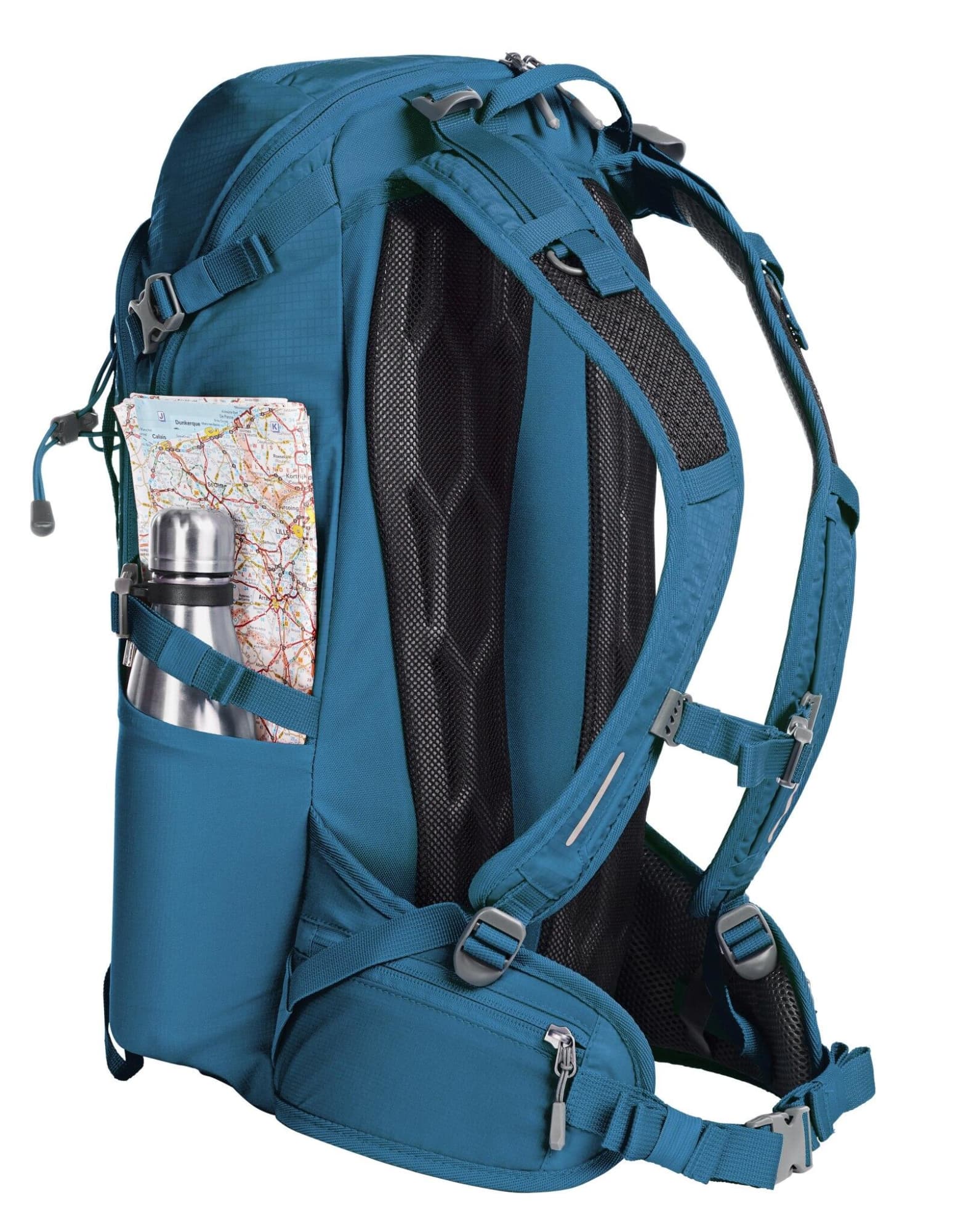 A teal outdoor backpack with adjustable straps, featuring a drink bottle and a map in side pockets.