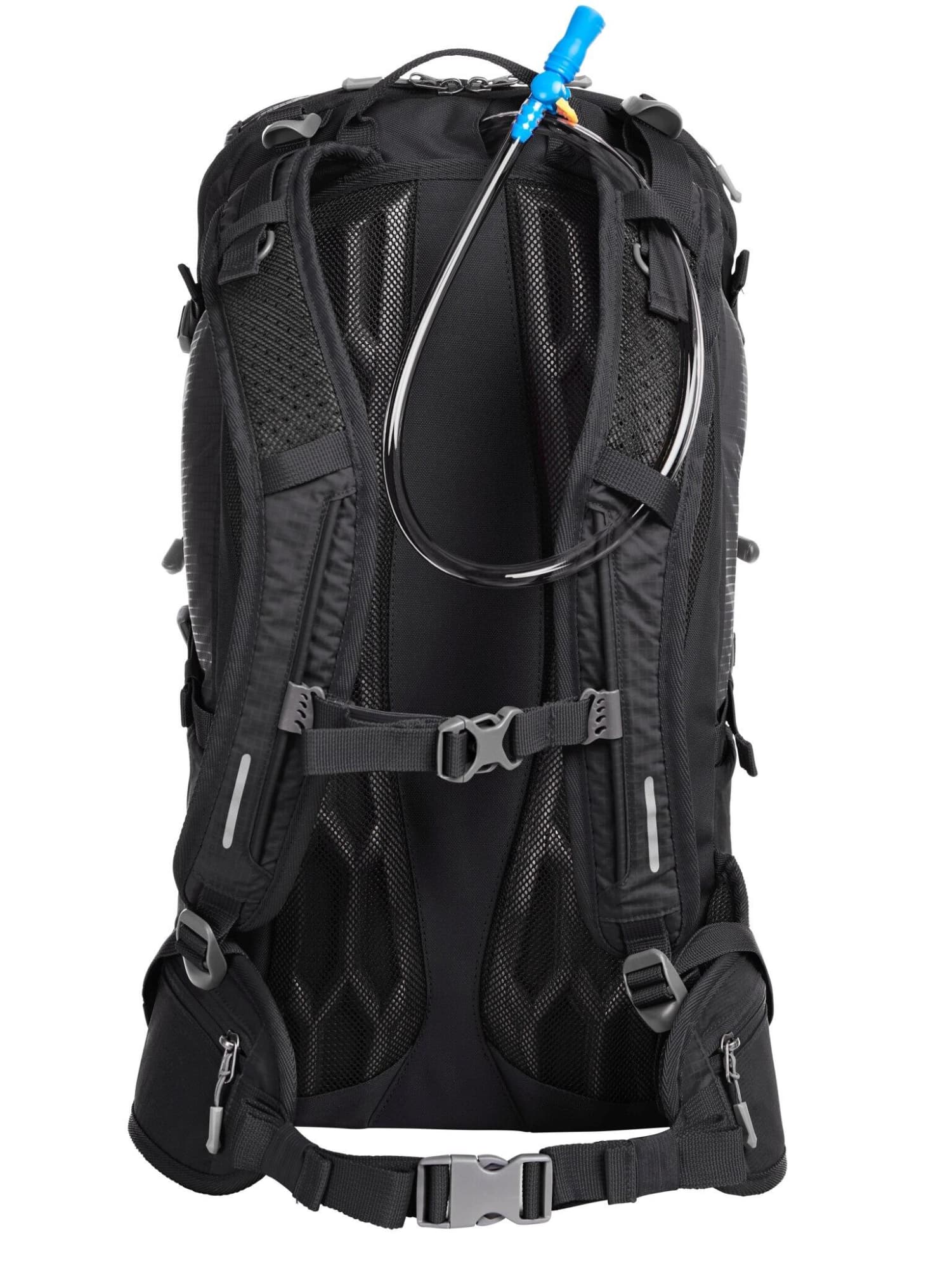 A black outdoor backpack with a hydration system and adjustable straps, featuring mesh panels for ventilation.