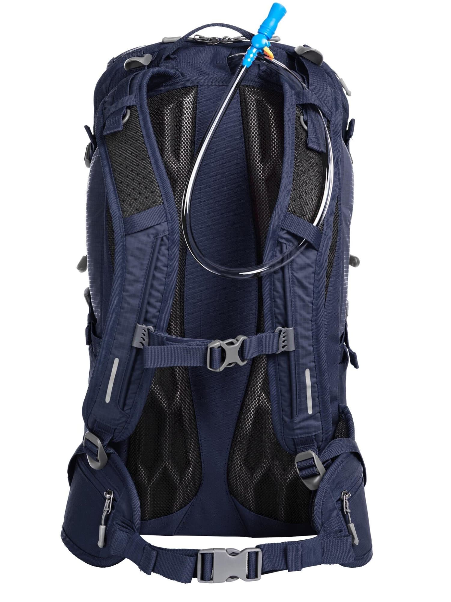 A navy outdoor backpack with a hydration hose, featuring multiple adjustable straps and mesh sections for ventilation.