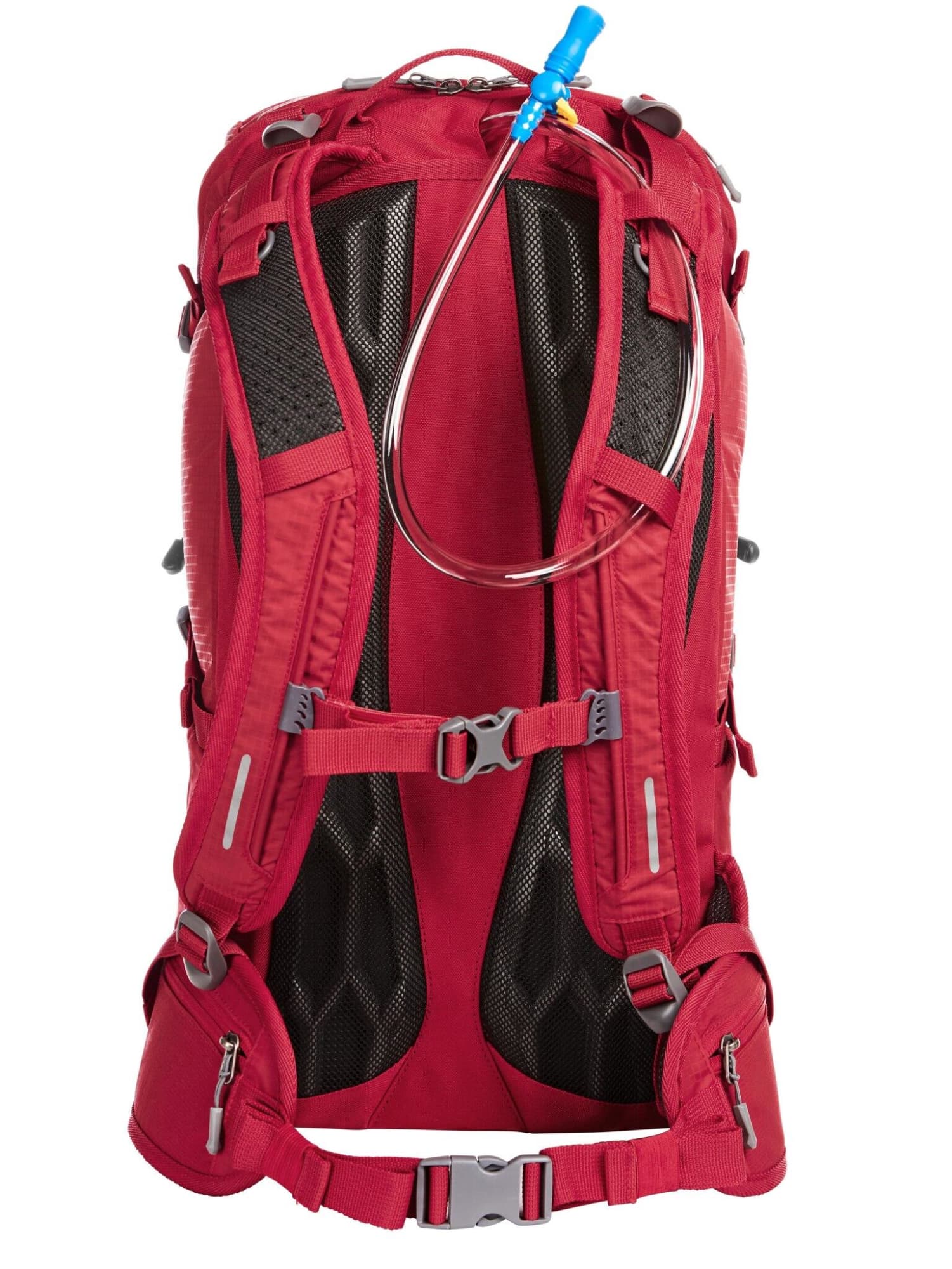 A red outdoor backpack featuring adjustable straps and a hydration tube, with a mesh back panel for ventilation.