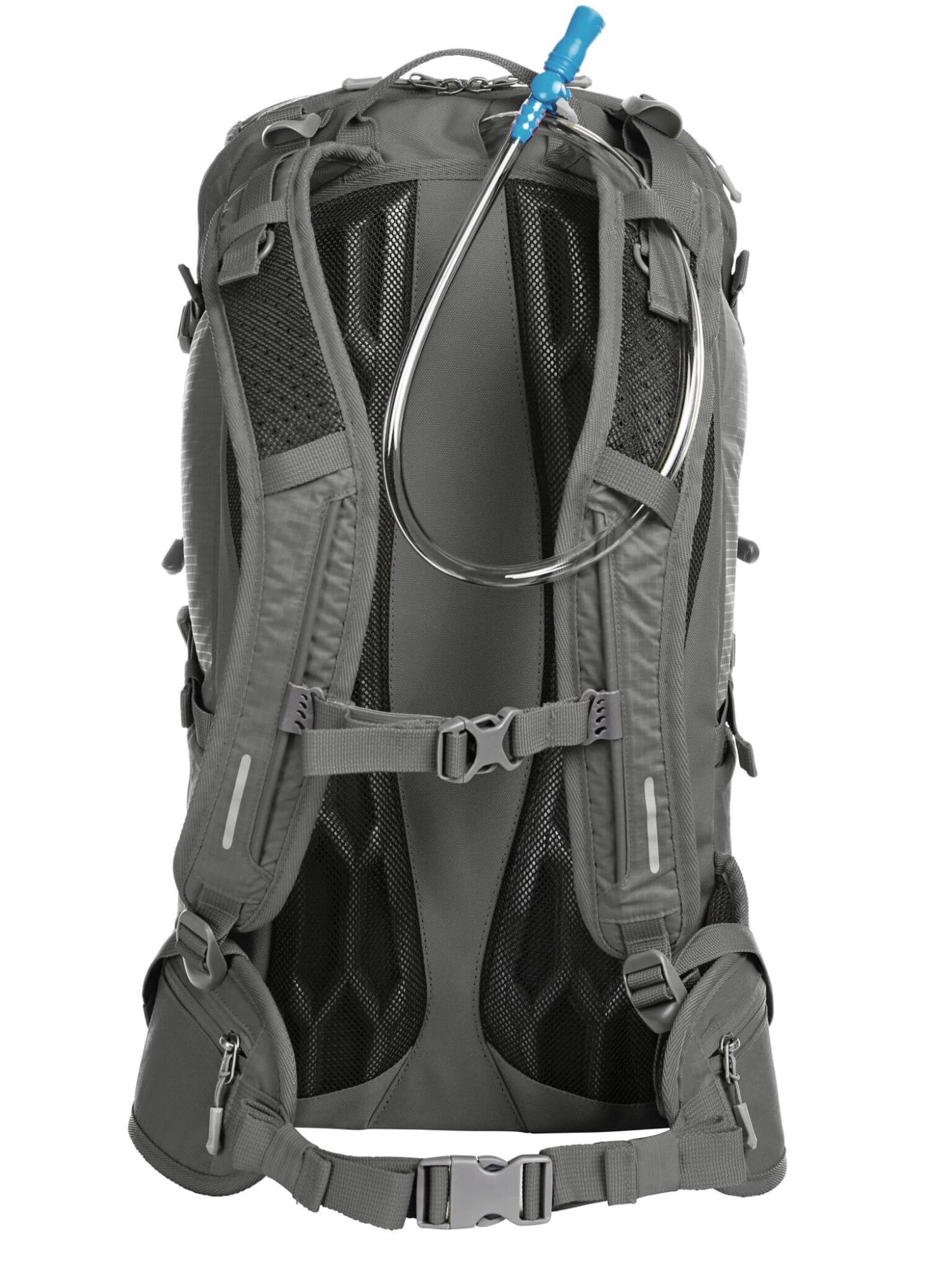 A grey outdoor backpack featuring a hydration system, adjustable straps, and mesh back support. Logo present.