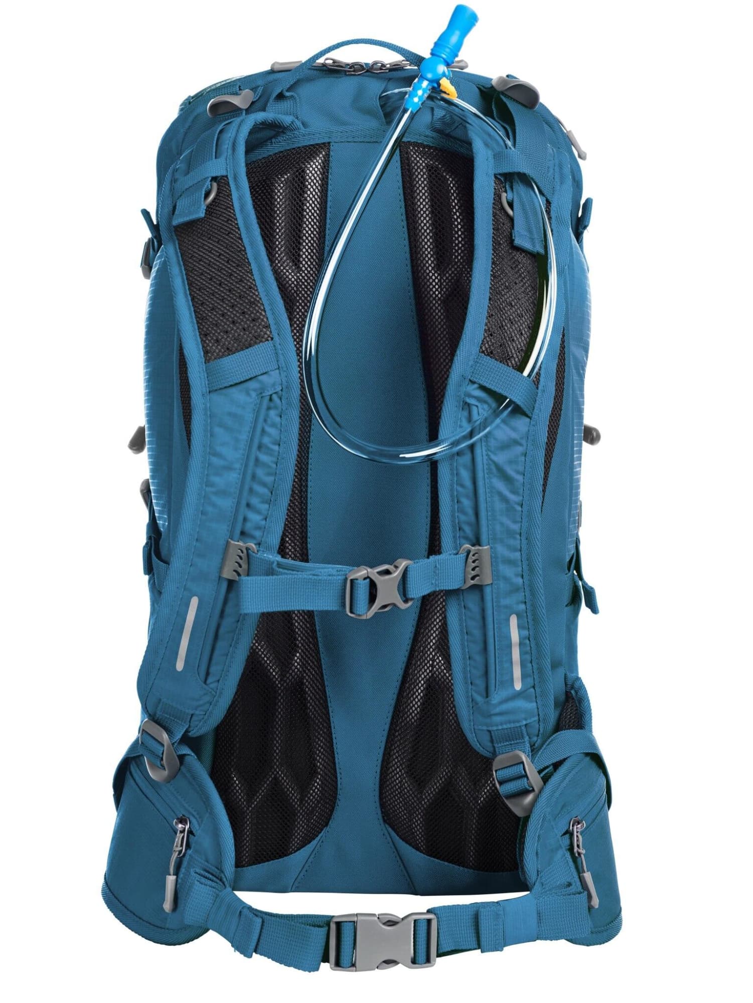 A blue outdoor backpack featuring a hydration system, adjustable straps, and a breathable back panel.