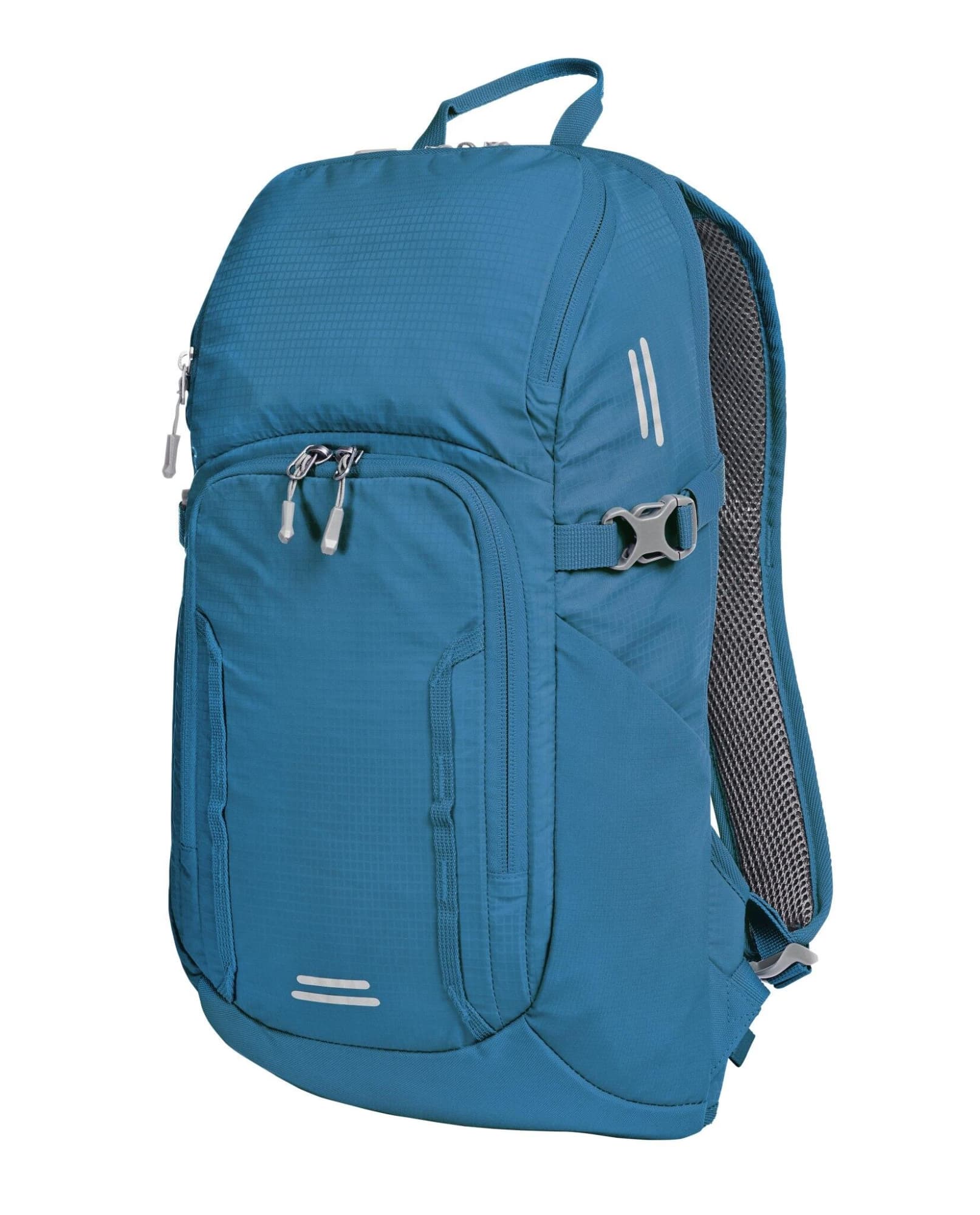 A blue outdoor daypack with multiple zippered pockets, adjustable straps, and a logo on the front.