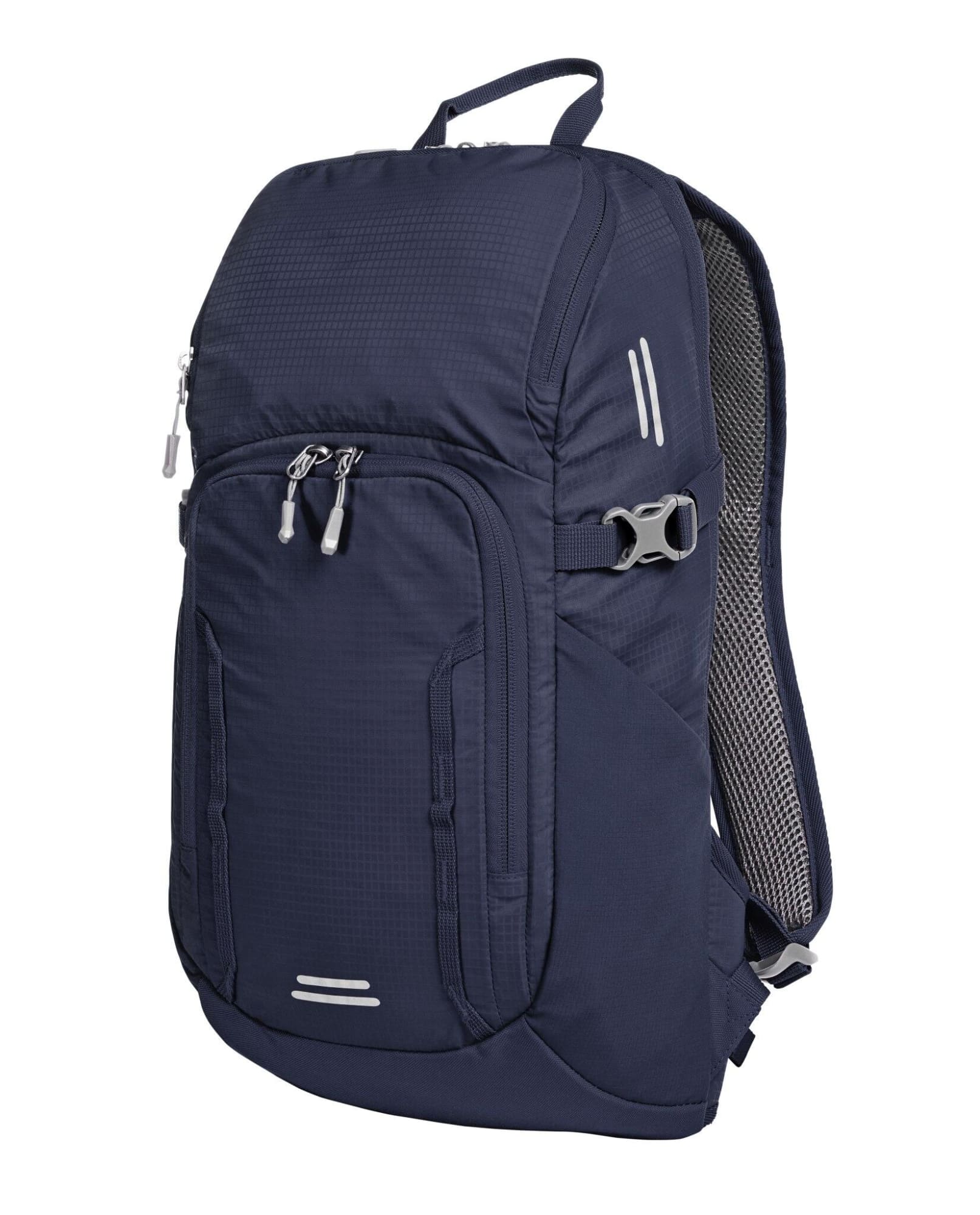 A navy blue outdoor daypack with multiple zippers, adjustable straps, and a mesh back for ventilation.
