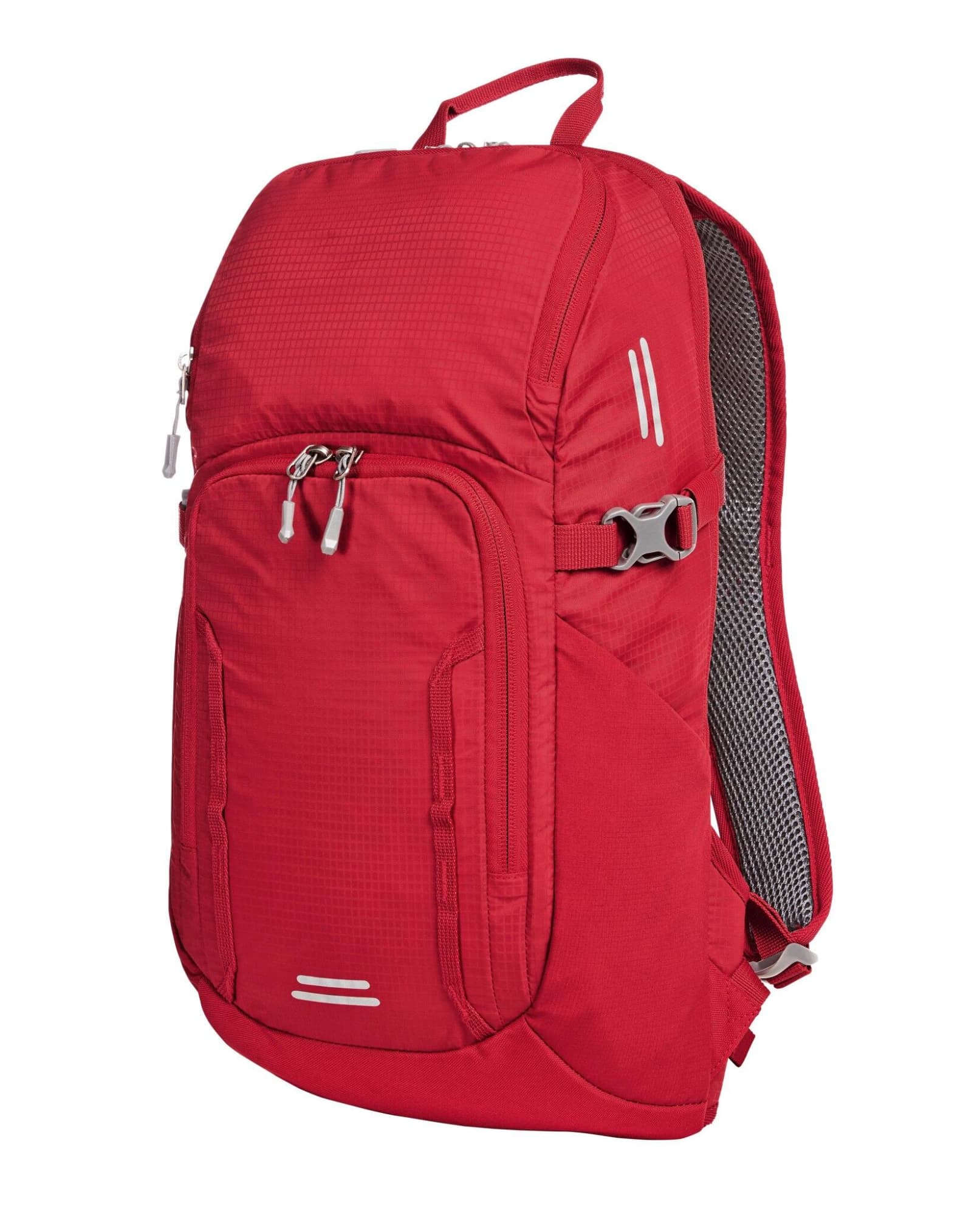 A red outdoor daypack featuring zippered compartments, padded straps, and a logo on the front.