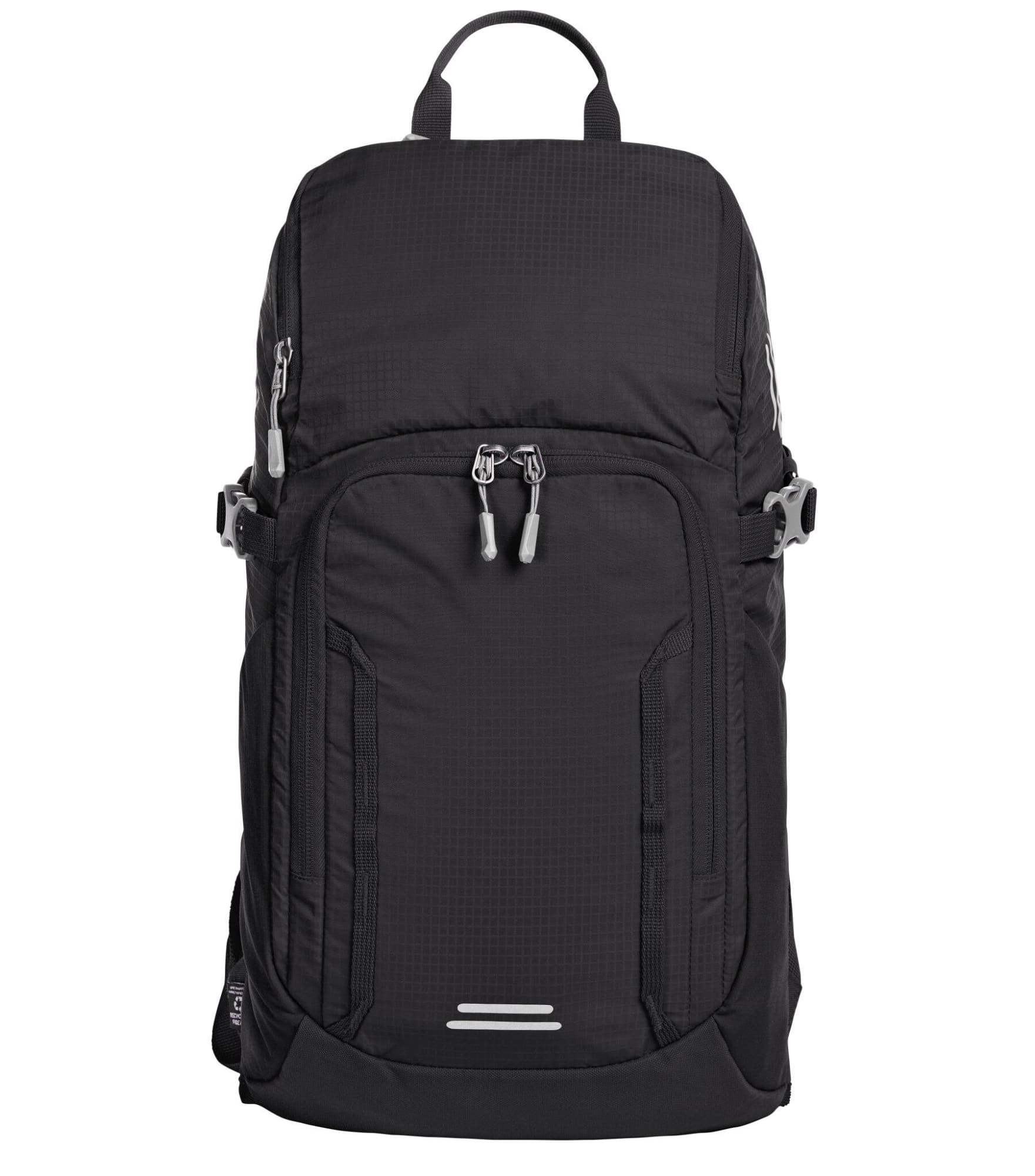A black outdoor daypack featuring multiple zippered compartments and adjustable straps, with a logo visible.