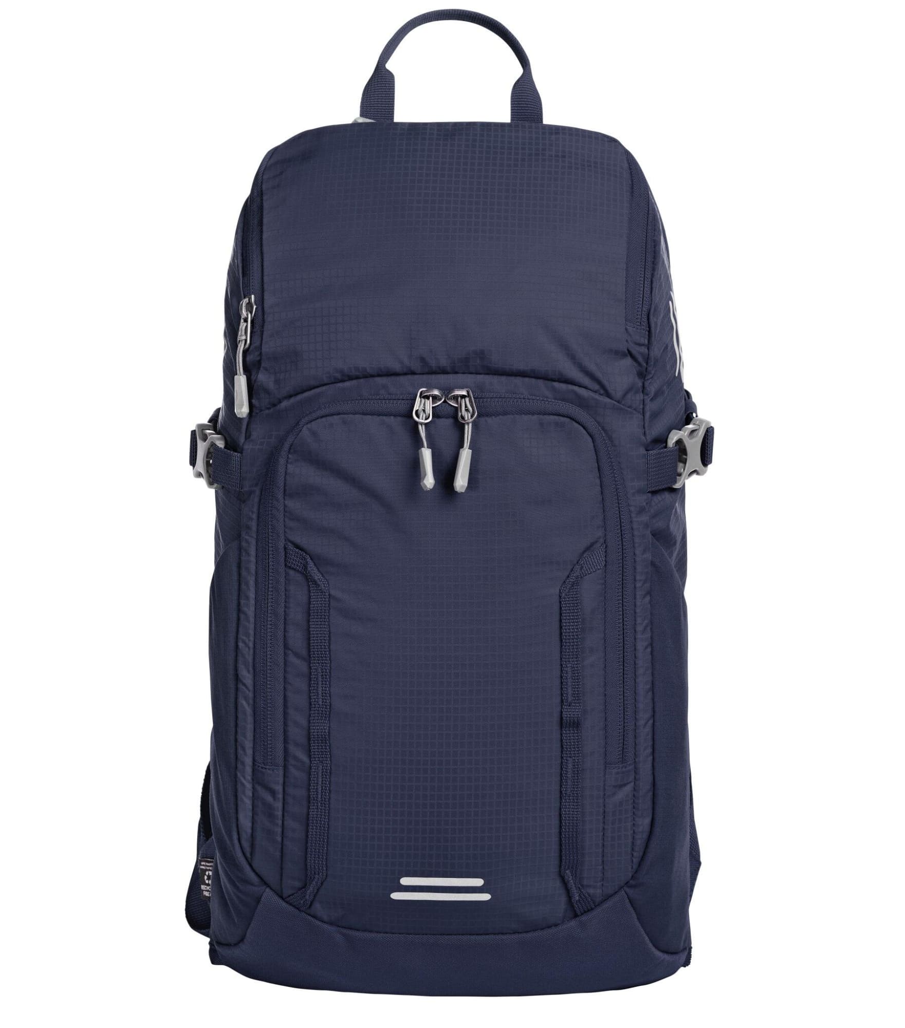 A navy blue outdoor daypack with multiple zippered compartments and adjustable straps, featuring a logo.