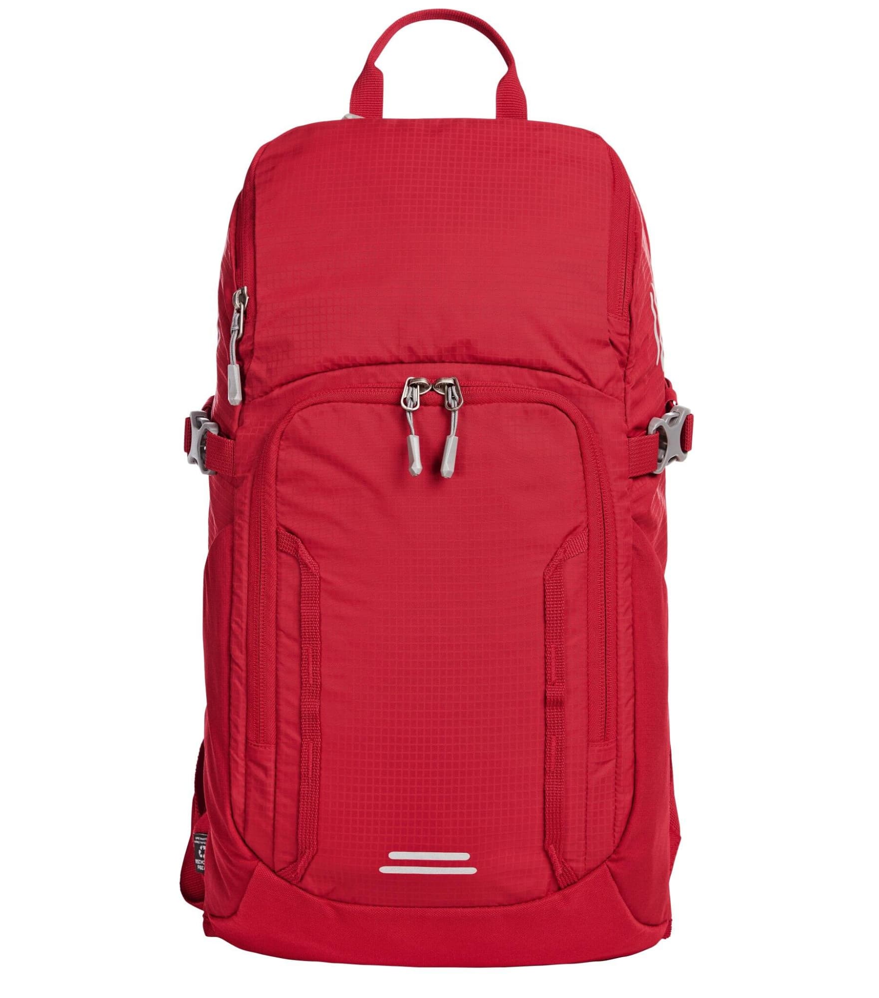 A red outdoor daypack with multiple zippered compartments and a top handle, featuring a logo.