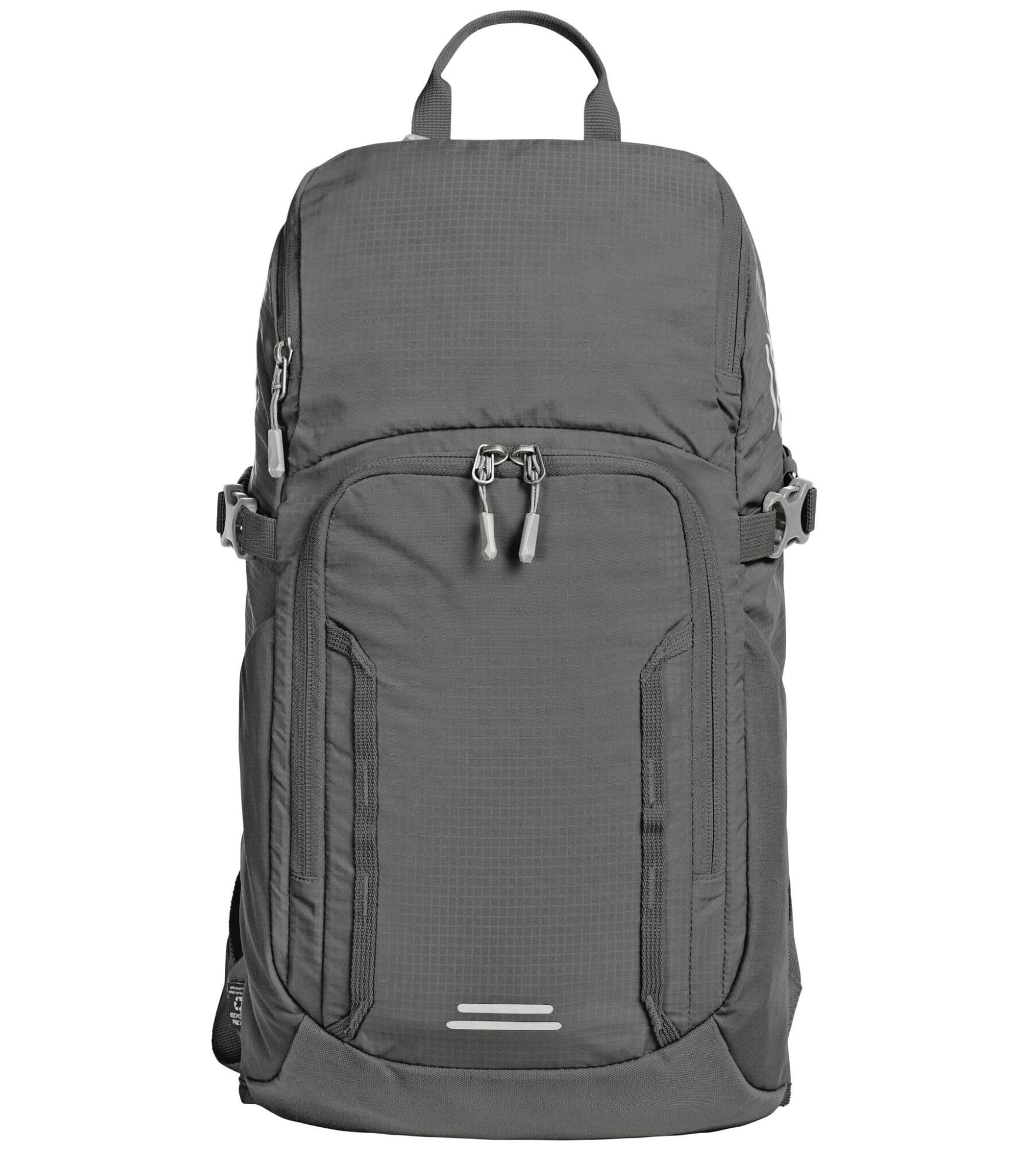 A grey outdoor daypack features multiple zippered compartments and a logo, designed for versatility and convenience.