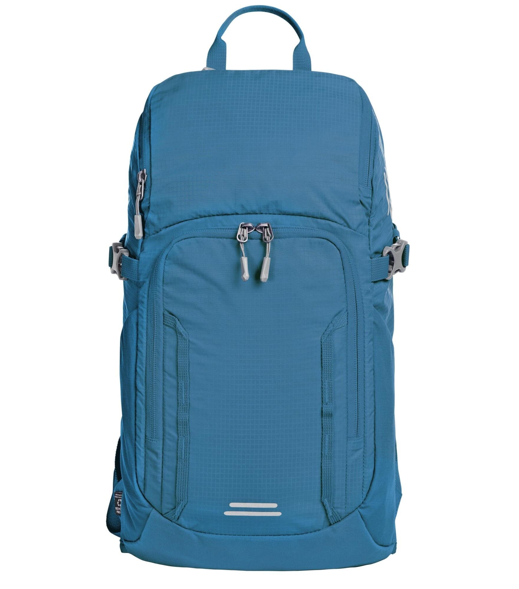 A blue outdoor daypack with multiple zippers and adjustable straps, featuring a top handle and a logo.