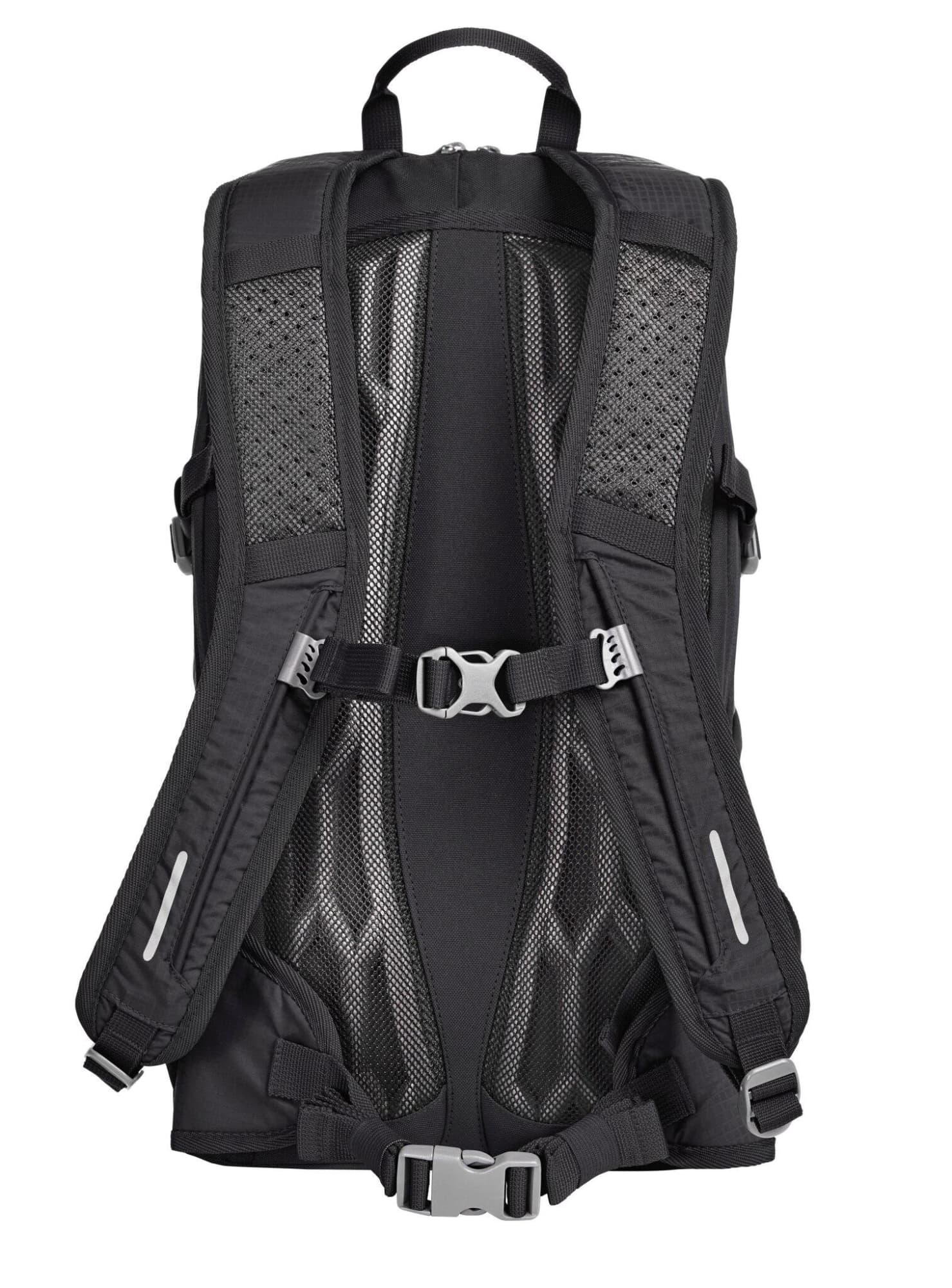 A black outdoor daypack with mesh back and straps, featuring buckles for secure fastening. It has a logo on the front.