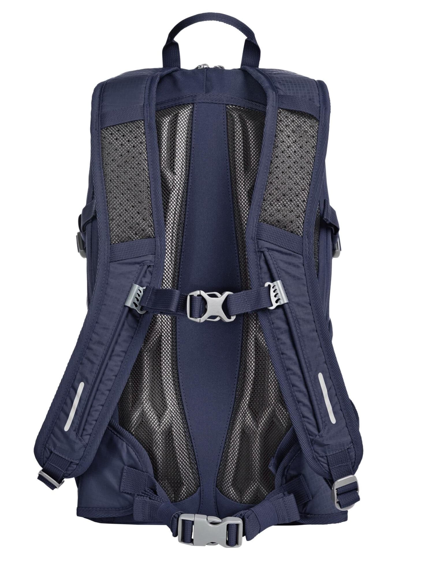 A navy outdoor daypack featuring padded straps, mesh panels, and adjustable buckles. Includes branding on the surface.