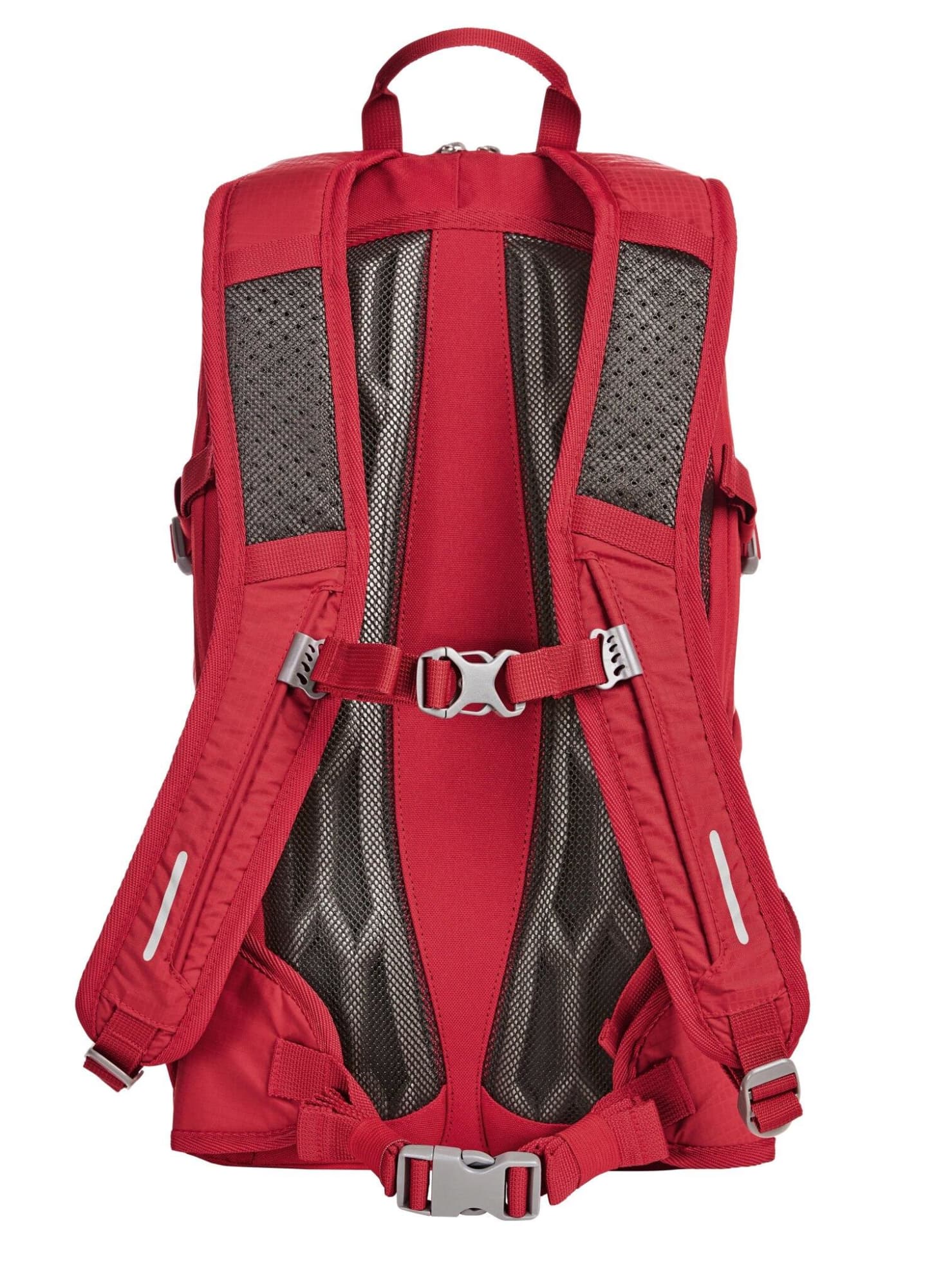 A red outdoor daypack with padded mesh back and adjustable straps, featuring a branded logo.