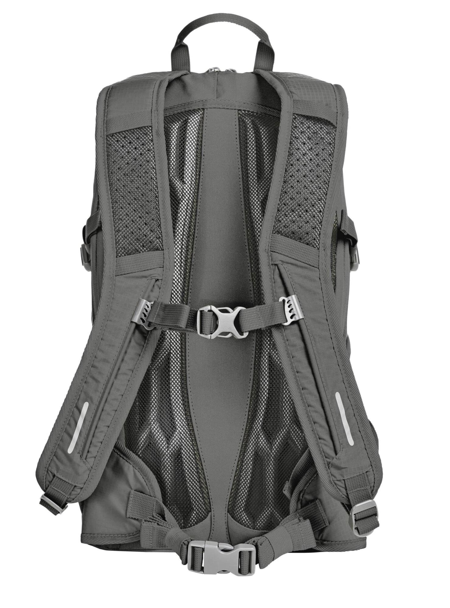 A grey outdoor daypack with adjustable straps and mesh ventilation panels on the back. It has a logo on the front.