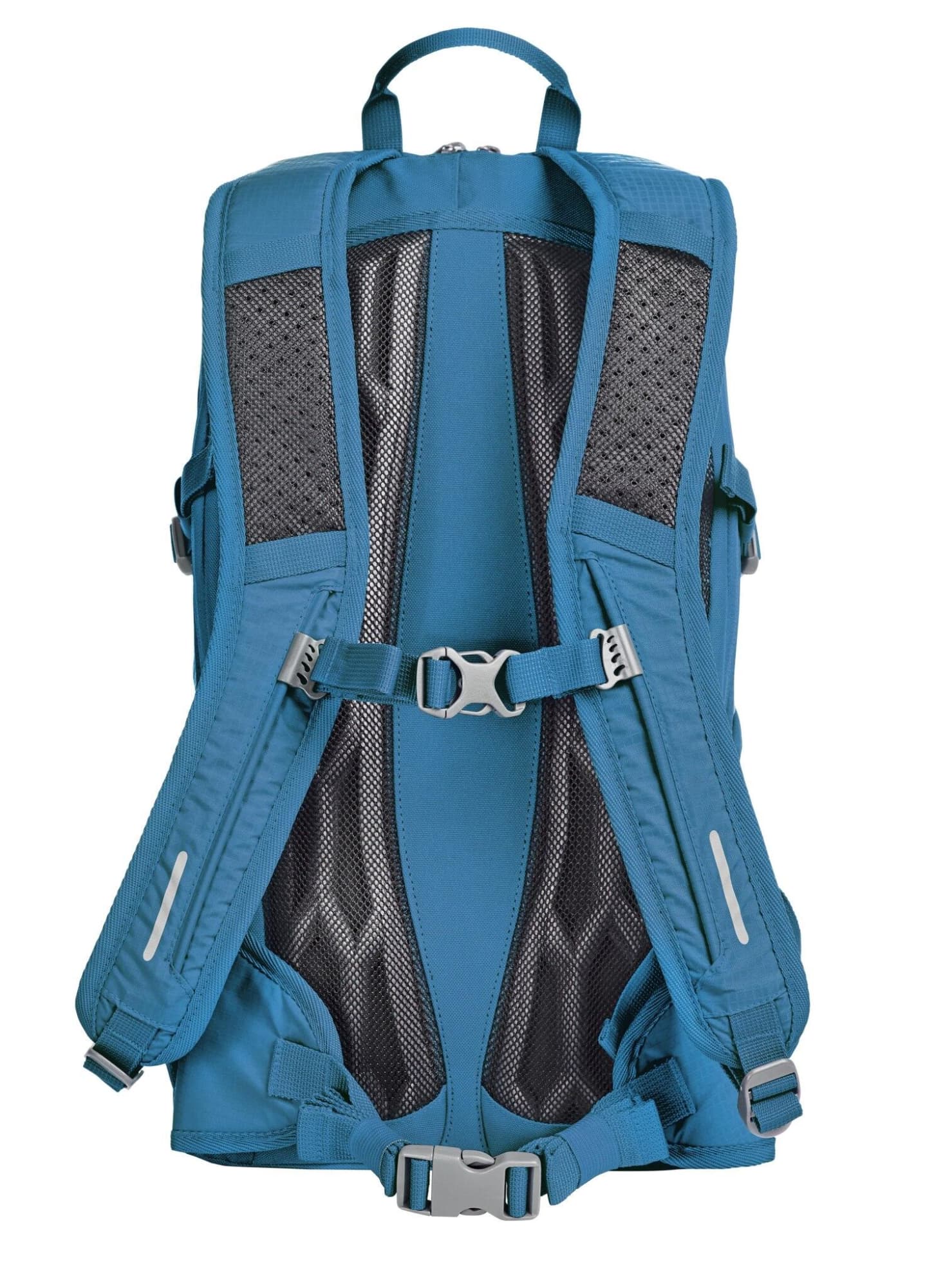 A blue outdoor daypack with adjustable straps, featuring a mesh back panel and a logo.