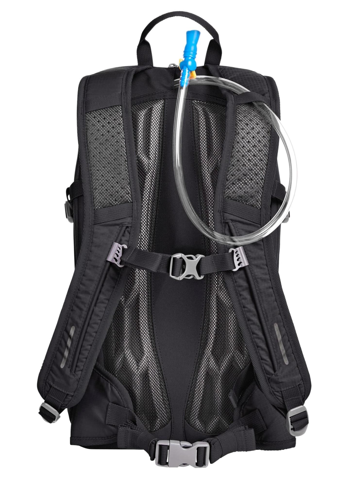 A black outdoor daypack featuring adjustable straps and a hydration tube for easy access to water.