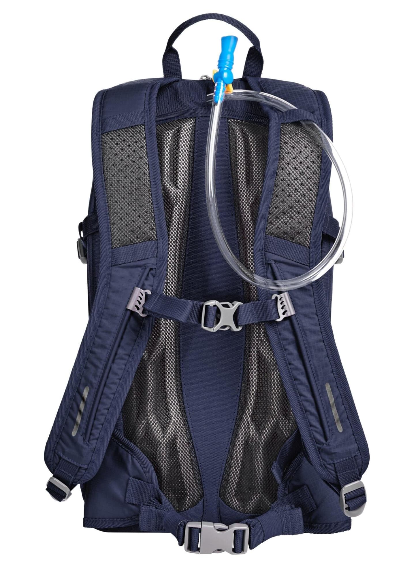 A dark navy backpack with mesh panels and a hydration tube attached. It features adjustable straps and a buckle.