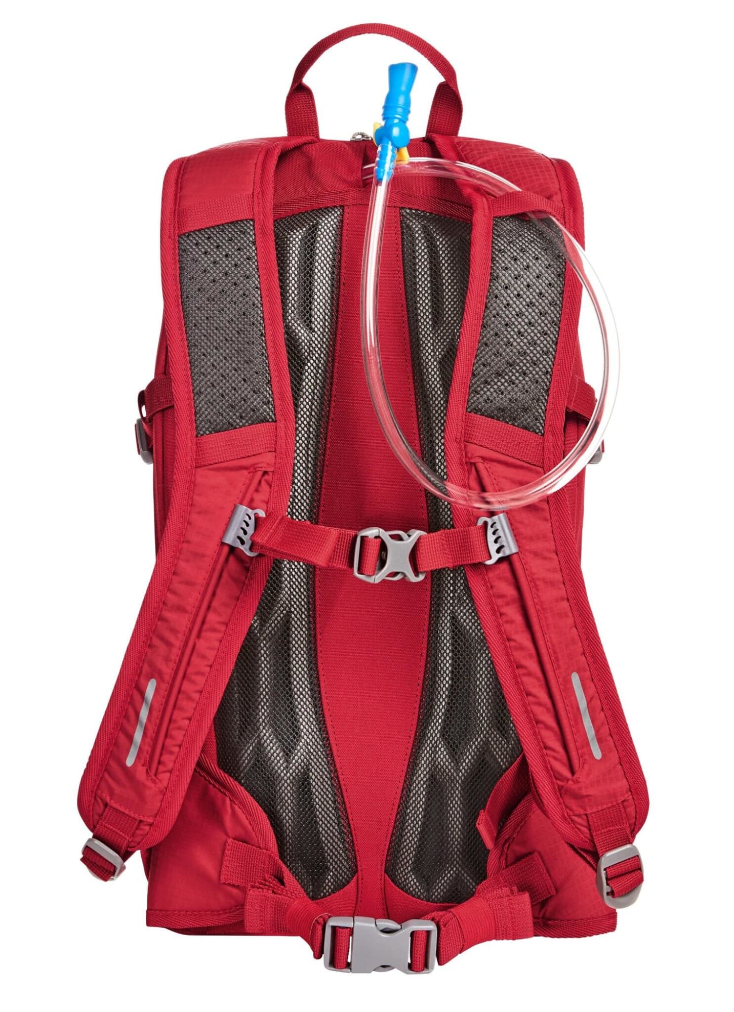 A red outdoor daypack with mesh backing, featuring hydration tubing and adjustable straps. Includes a logo.