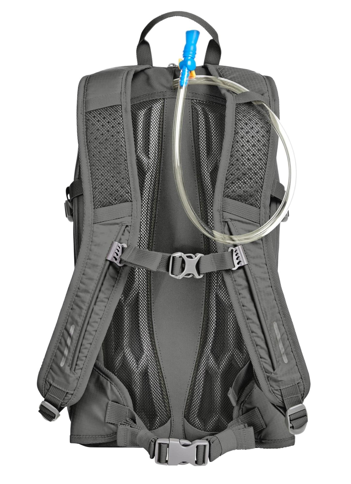 A grey outdoor daypack featuring mesh back panels and a hydration tube, complete with adjustable straps and buckles.