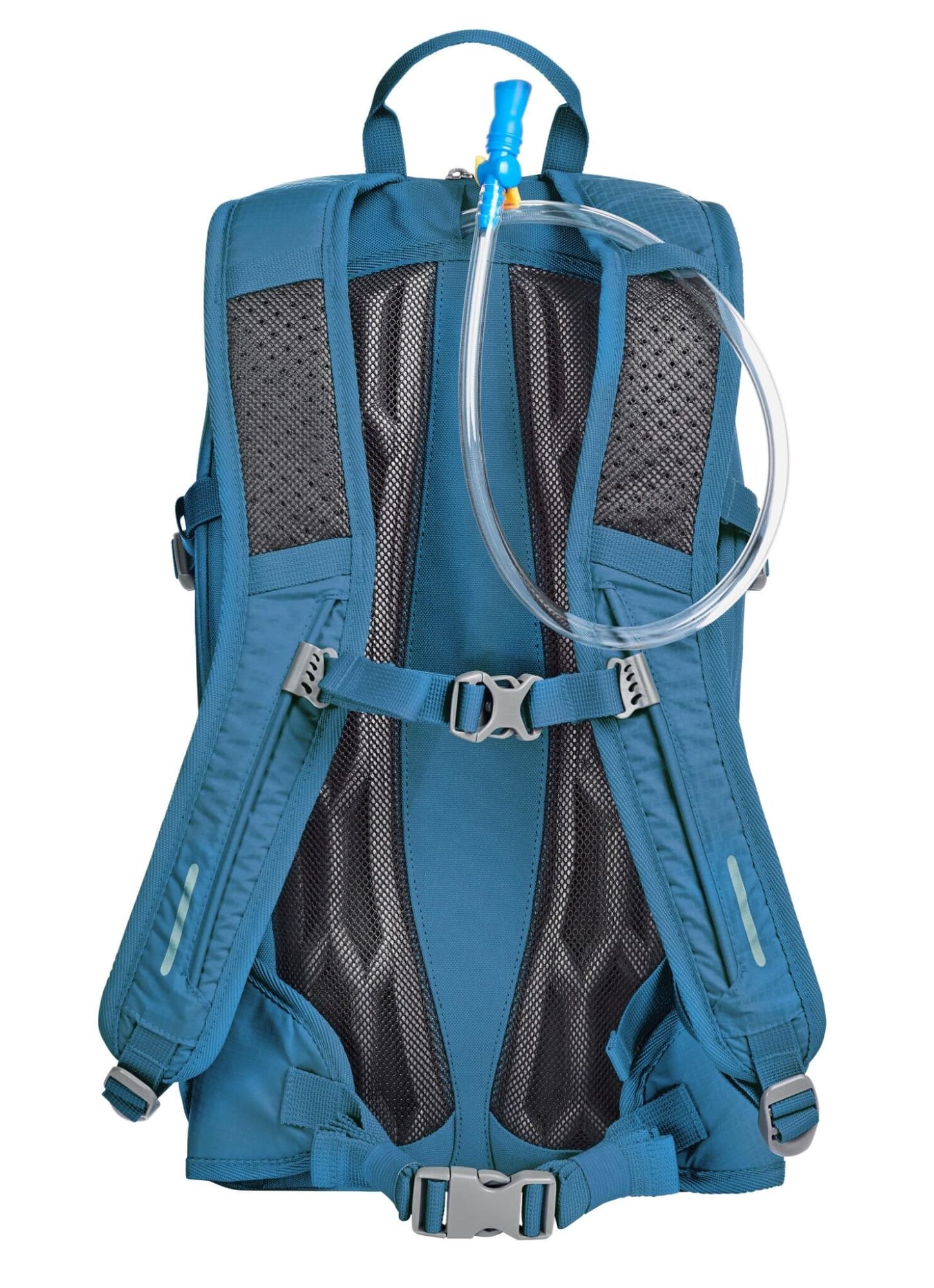 A blue outdoor daypack with adjustable straps, mesh padding, and a hydration tube. It features a logo on the front.