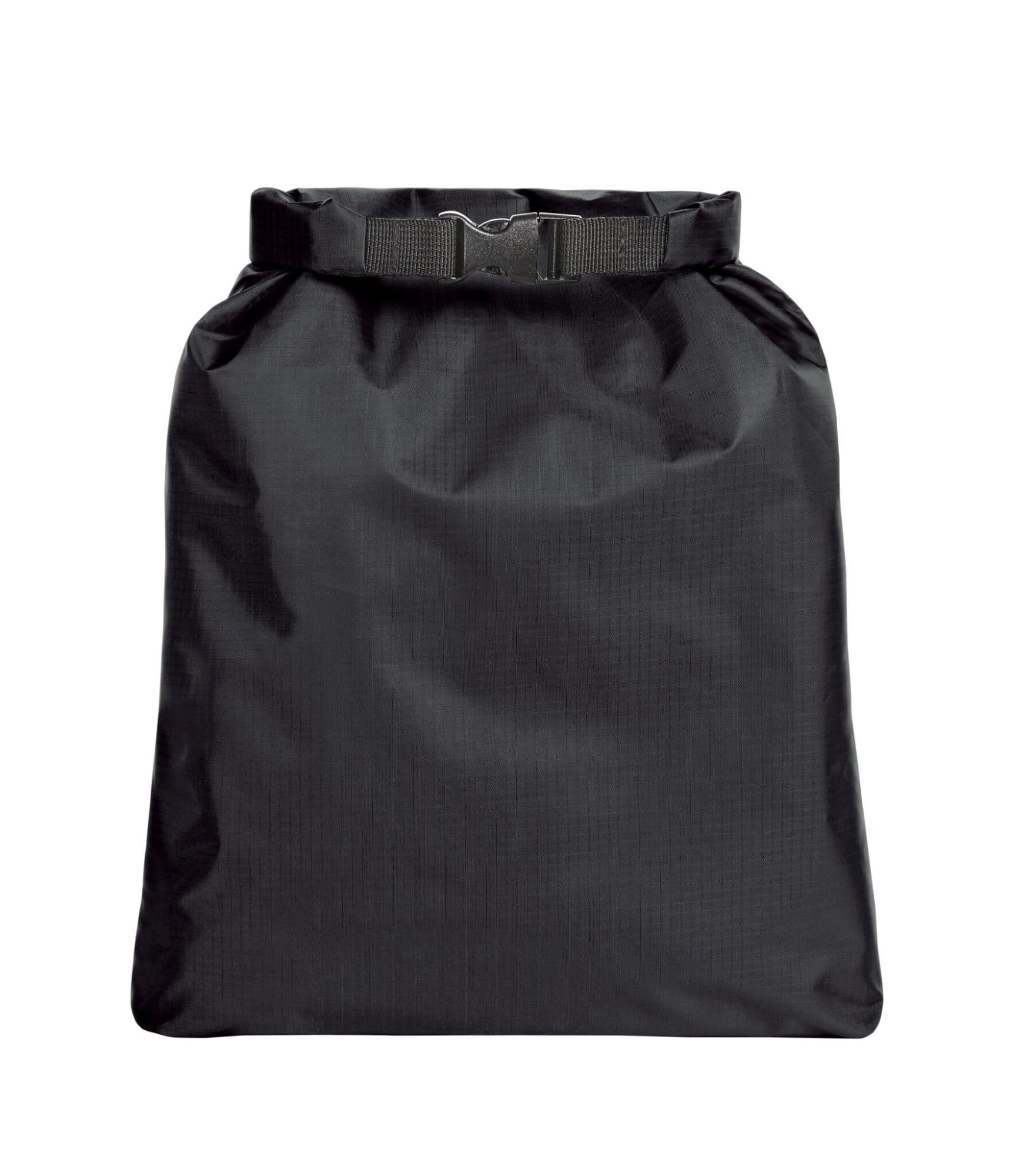 A black dry bag with a roll-top closure and an adjustable strap. The bag has a logo on it.