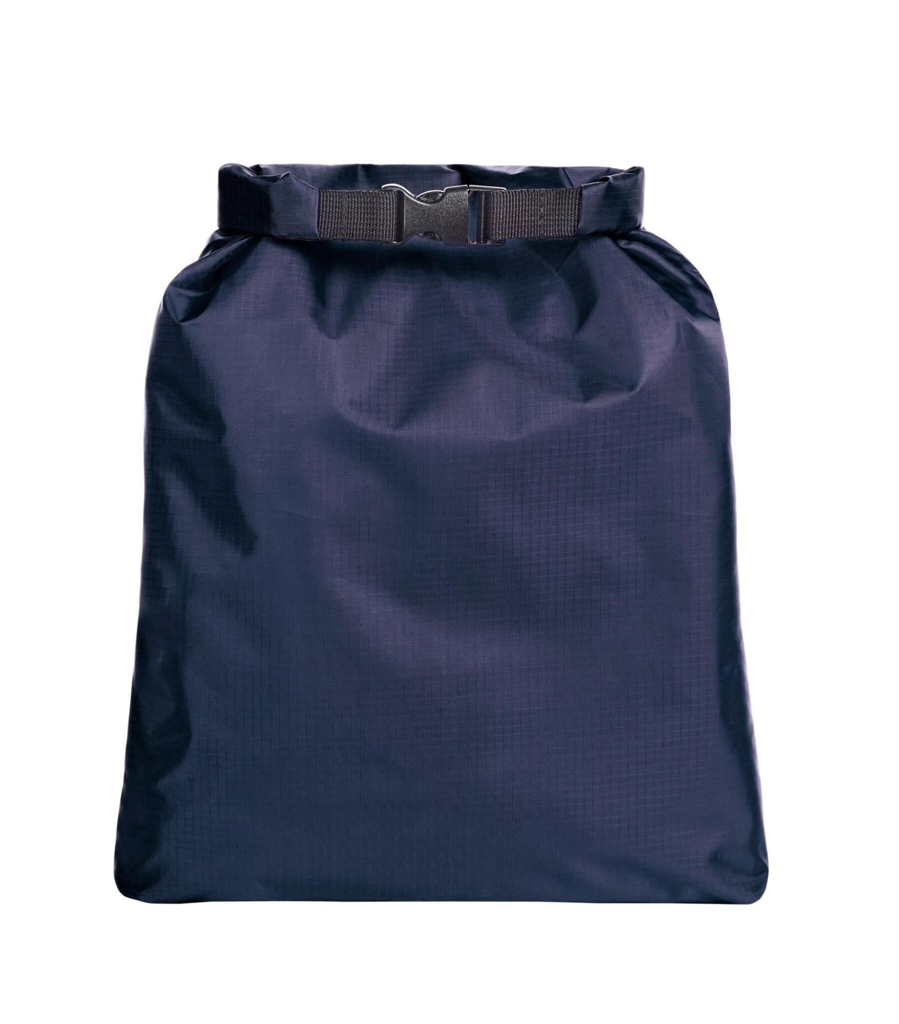 A navy blue dry bag with a fold-top closure and an adjustable buckle strap. It has a logo on the front.