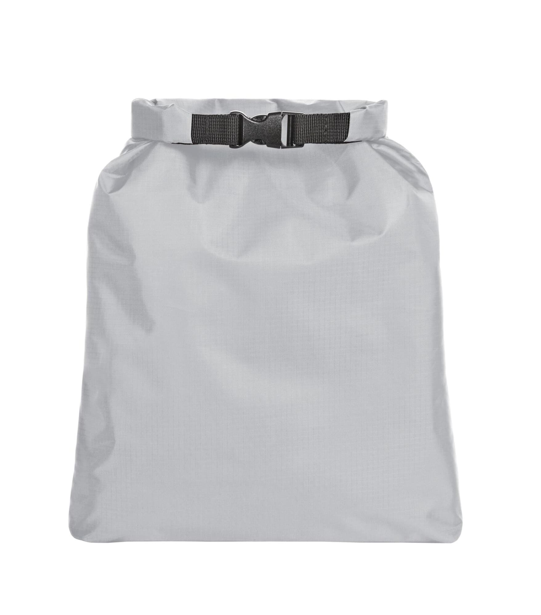A grey dry bag with a cinch closure and adjustable buckle at the top. It has a smooth, water-resistant surface.