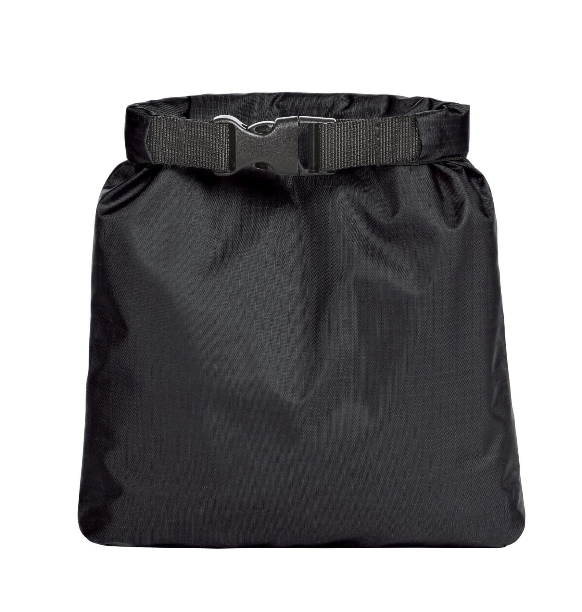 A black dry bag featuring a secure buckle closure and a simple, functional design.