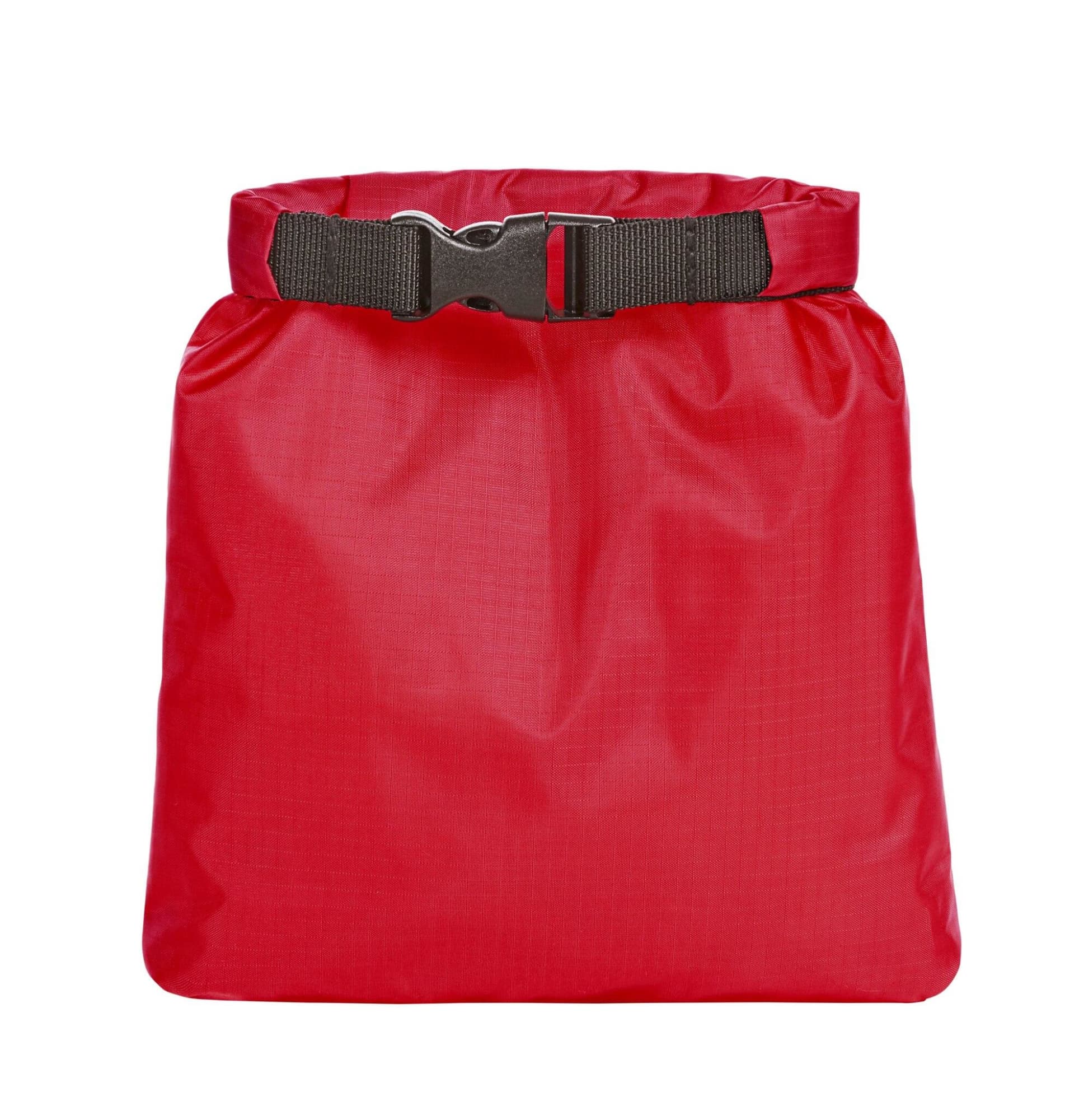 A red dry bag with a secure black buckle strap, featuring a smooth, waterproof exterior.