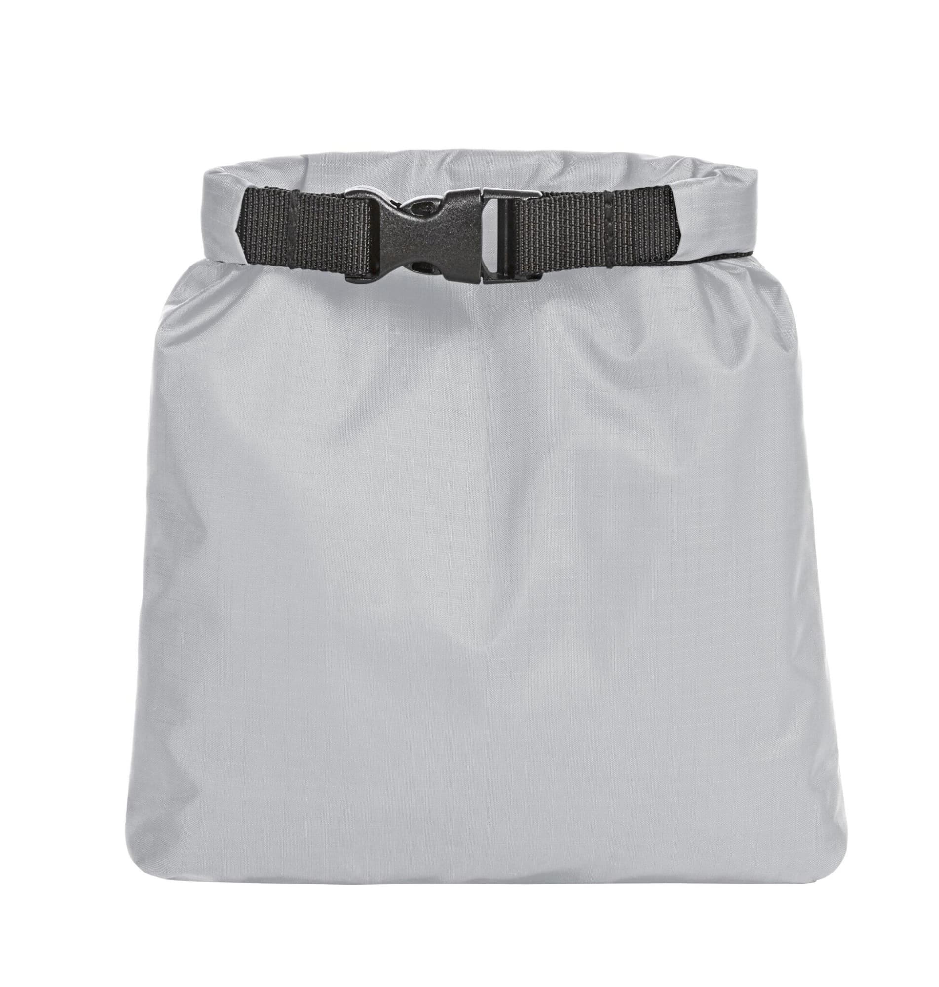 A grey dry bag with a black buckle strap, designed to keep contents safe and dry. Features a logo.