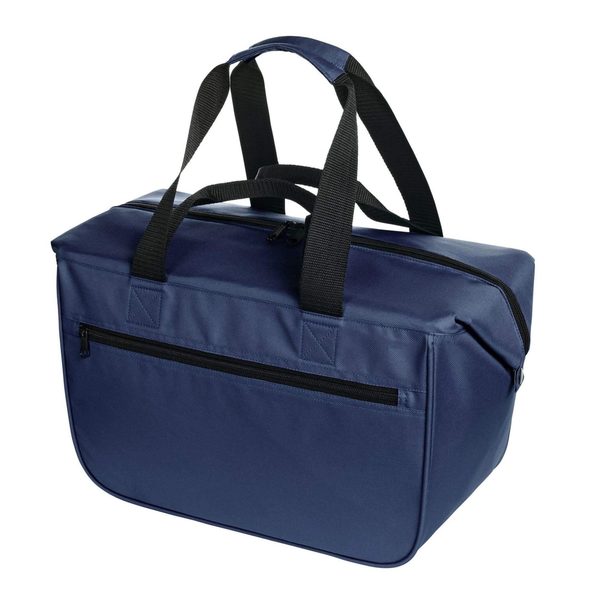 A navy blue cooler bag with twin handles and a front zip pocket. It features a logo.
