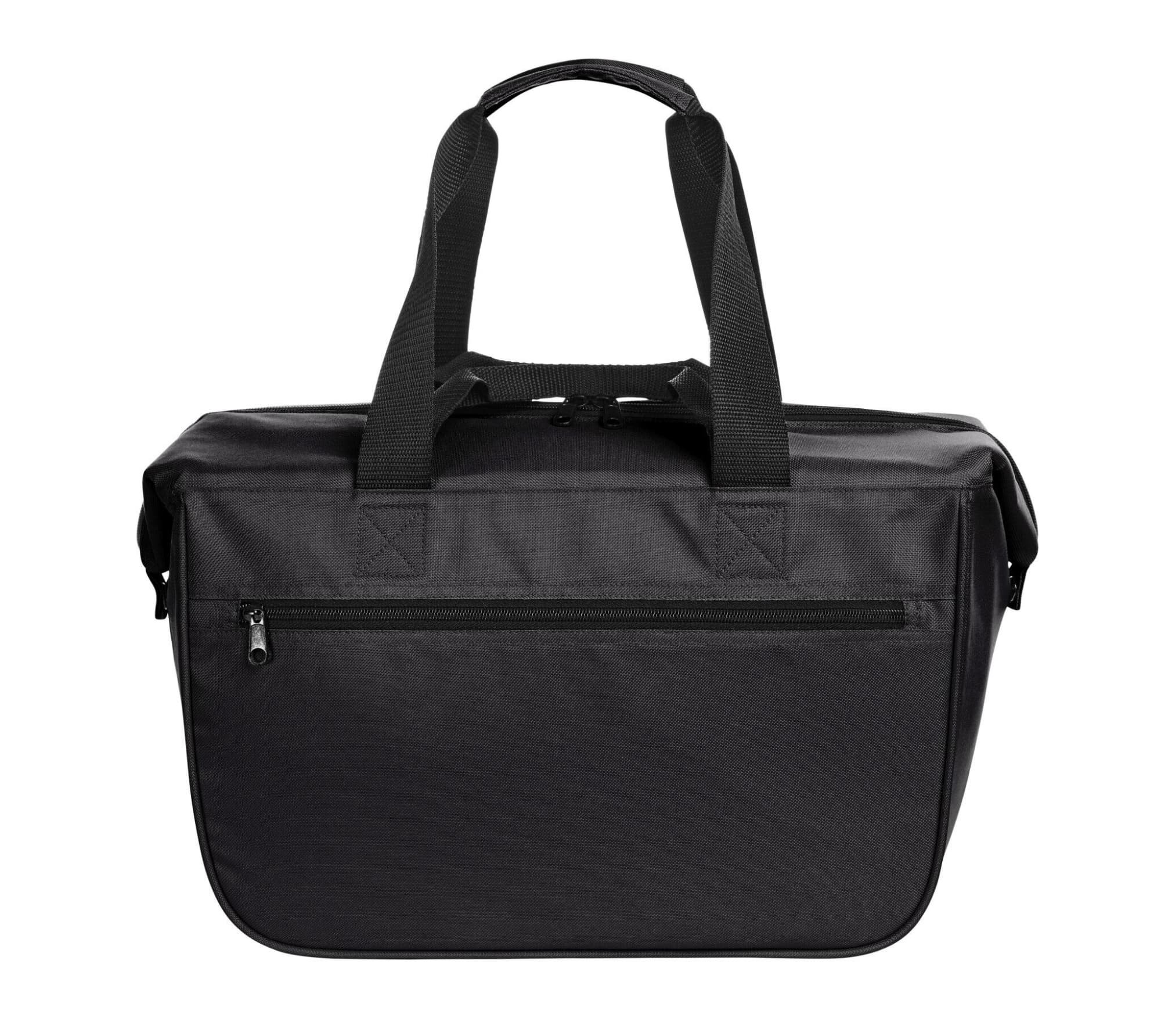 A black cooler bag with sturdy handles and a zipper closure. Features a plain exterior and a logo.
