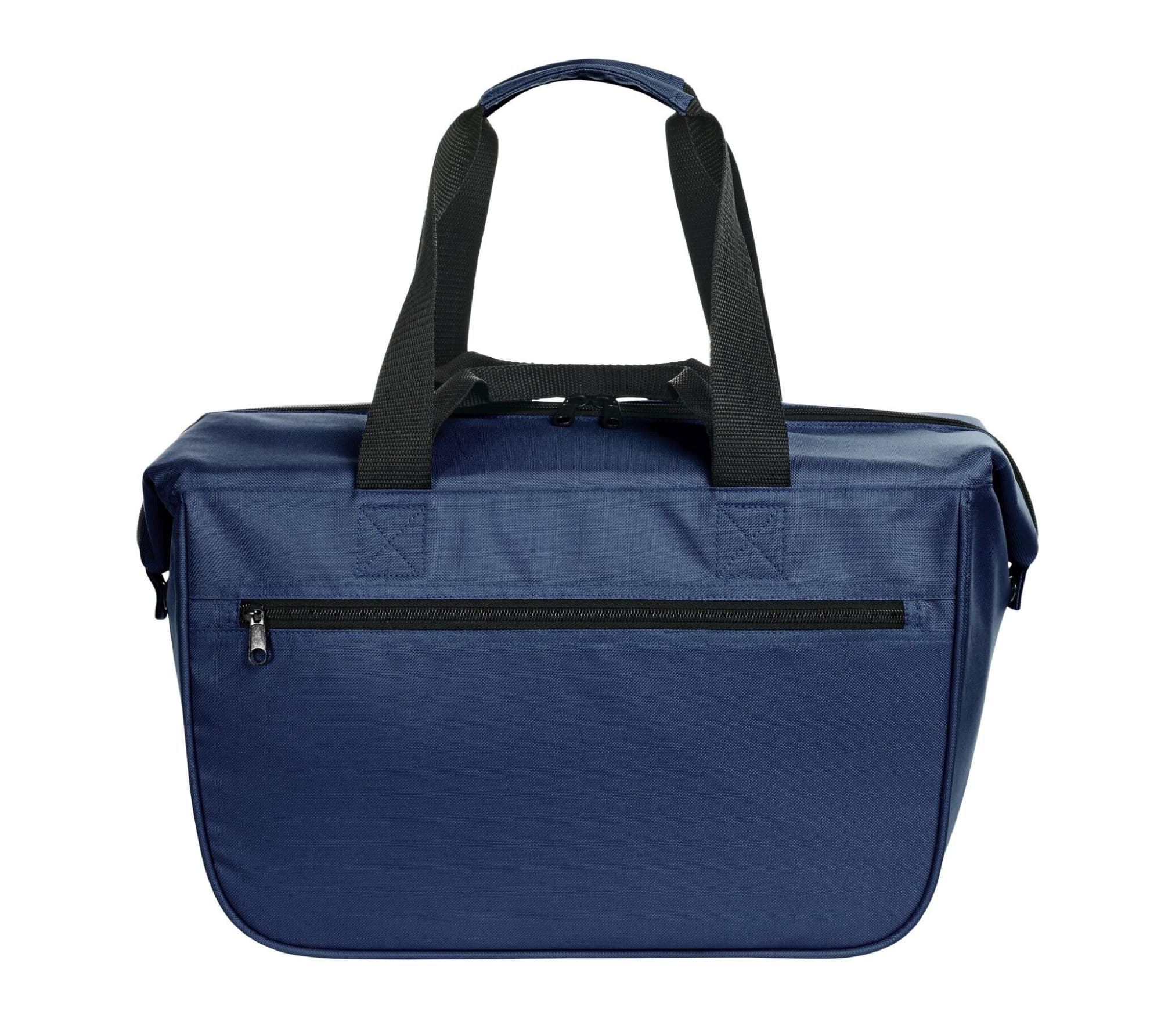 A navy blue cooler bag with dual black shoulder straps and a zippered pocket on the front. It features a logo.