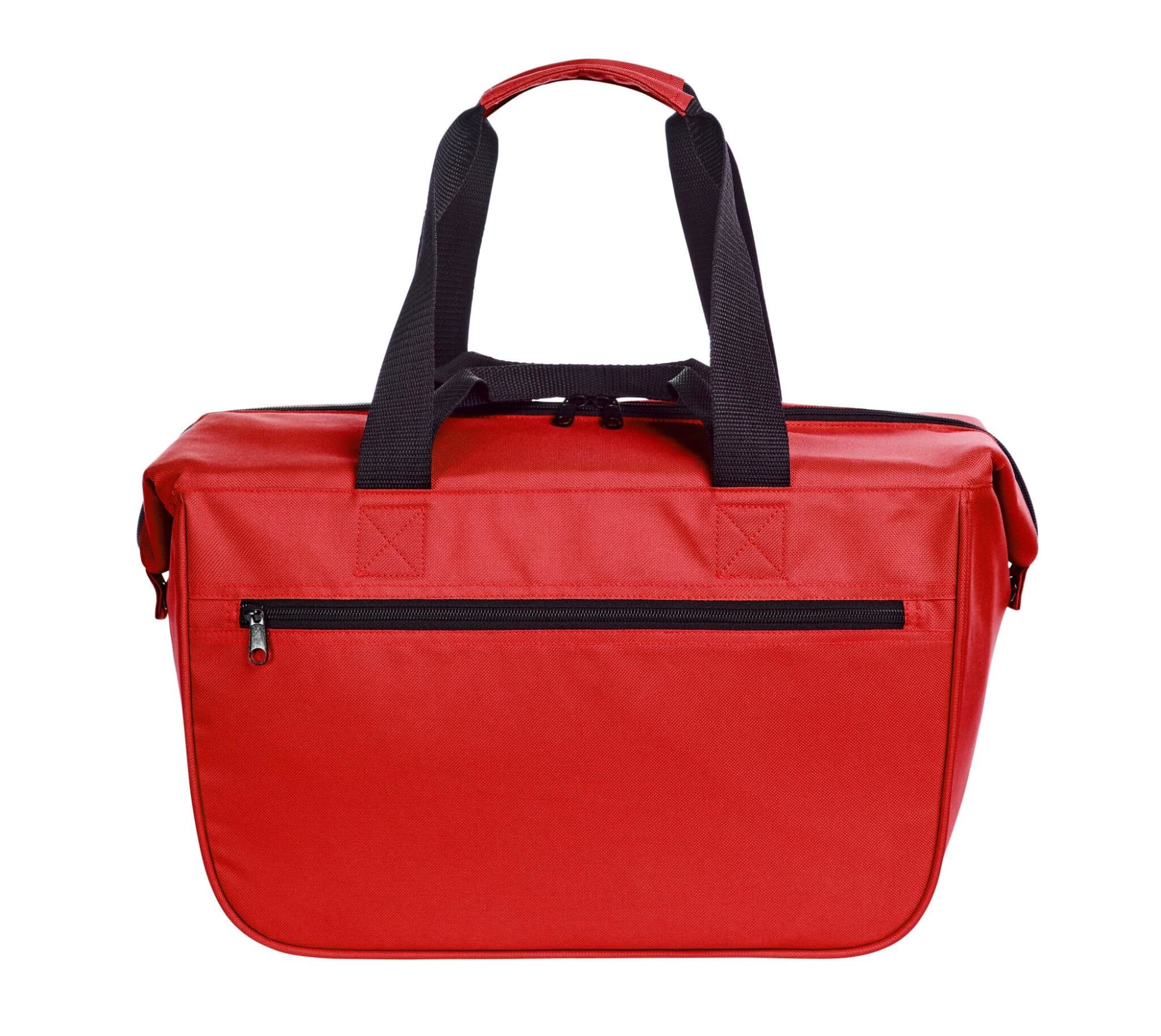 A red cooler bag with black straps and a zippered pocket on the front, featuring a logo.
