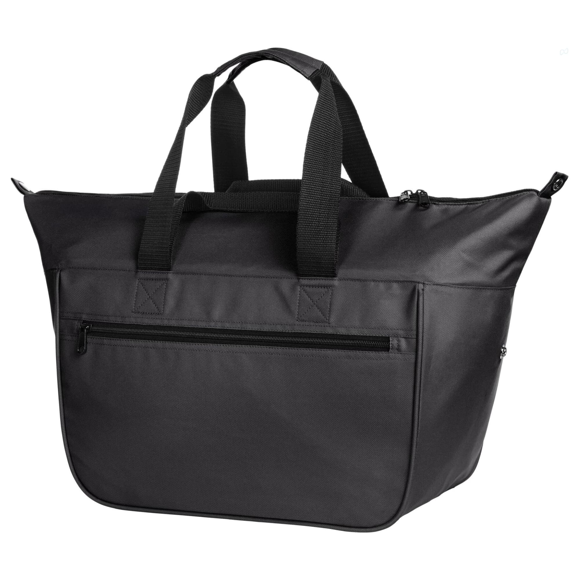 A black cooler bag featuring dual handles and a zippered front pocket, with a subtle logo on the side.