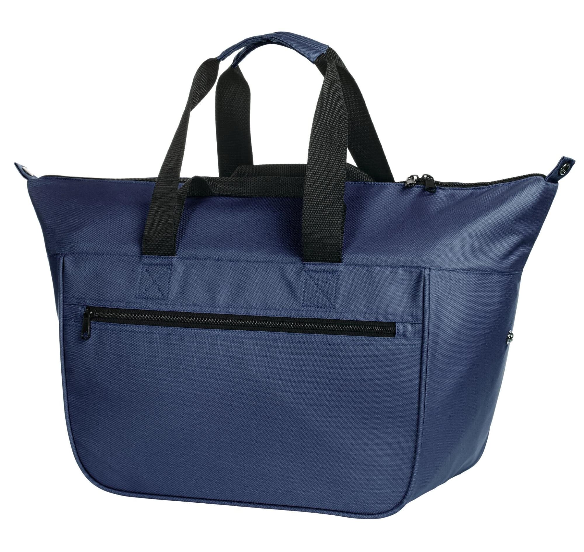 A navy cooler bag with dual black handles and a front zip pocket, featuring a simple design and a logo.