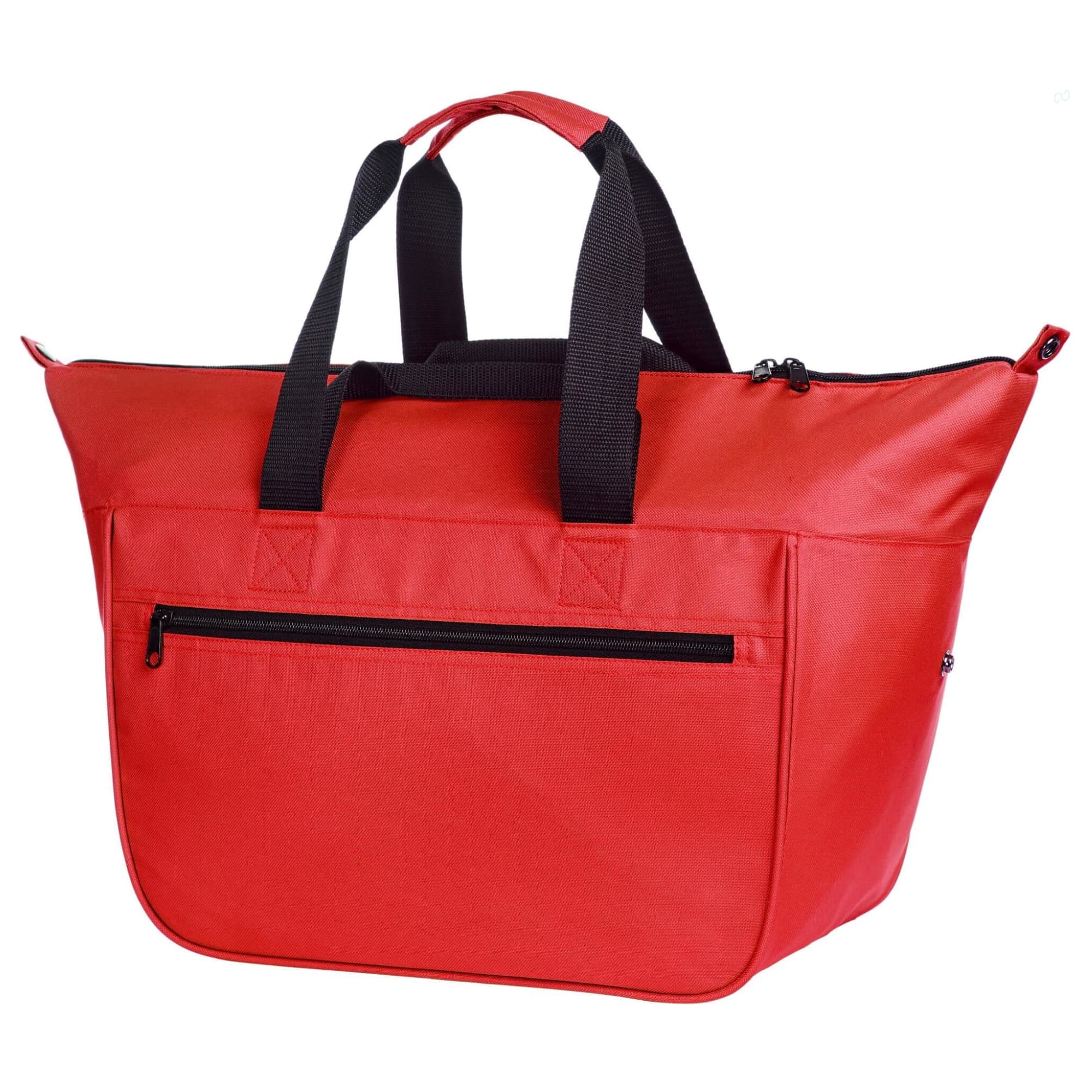 A red cooler bag with black handles and a zippered pocket on the front, featuring a logo.