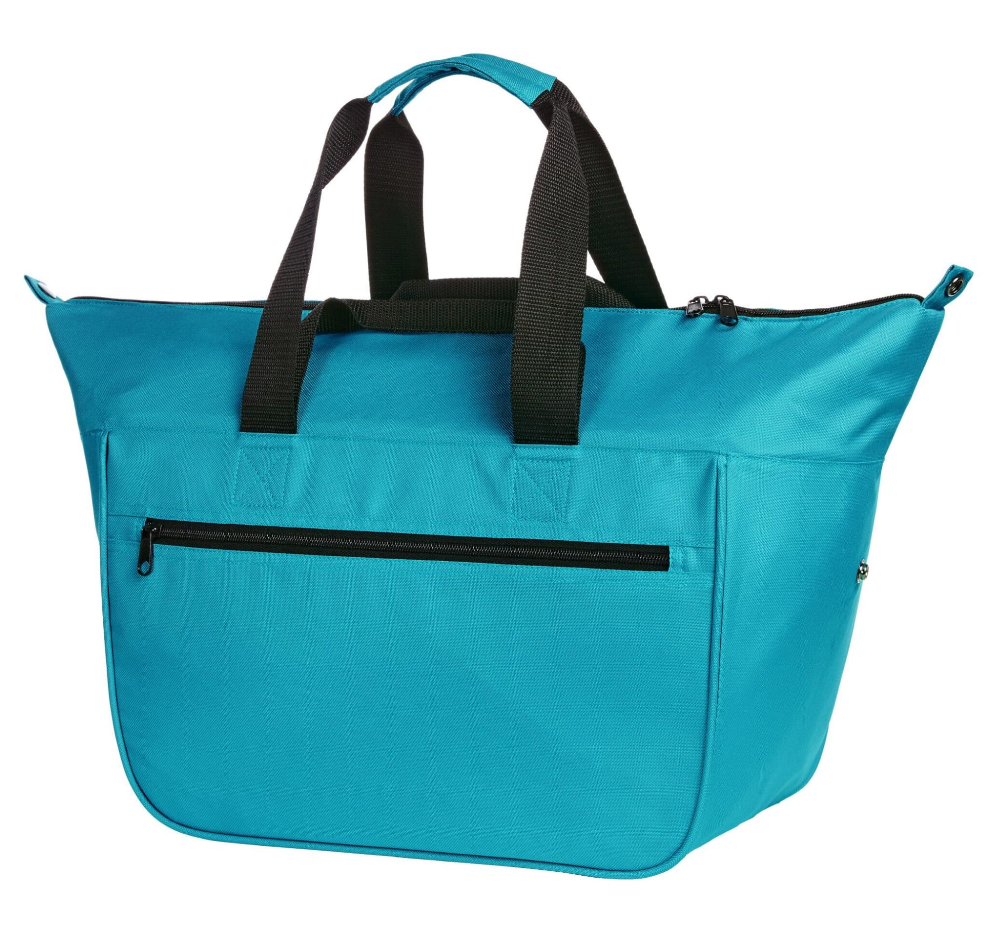 A bright turquoise cooler bag with dual black handles and a zippered closure, featuring a front pocket.