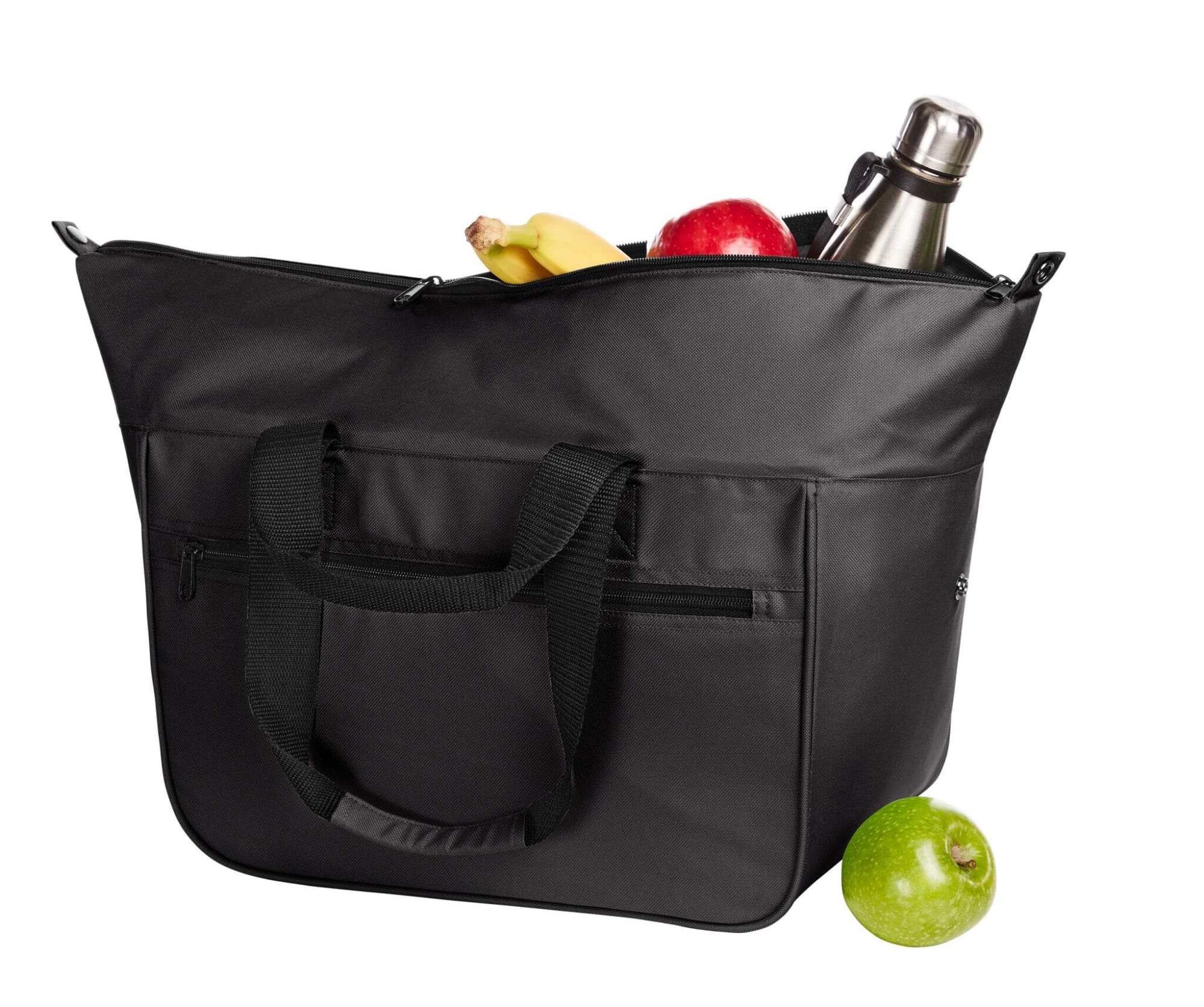 A black cooler bag filled with a drink bottle, bananas, apples, and a green apple on the side.