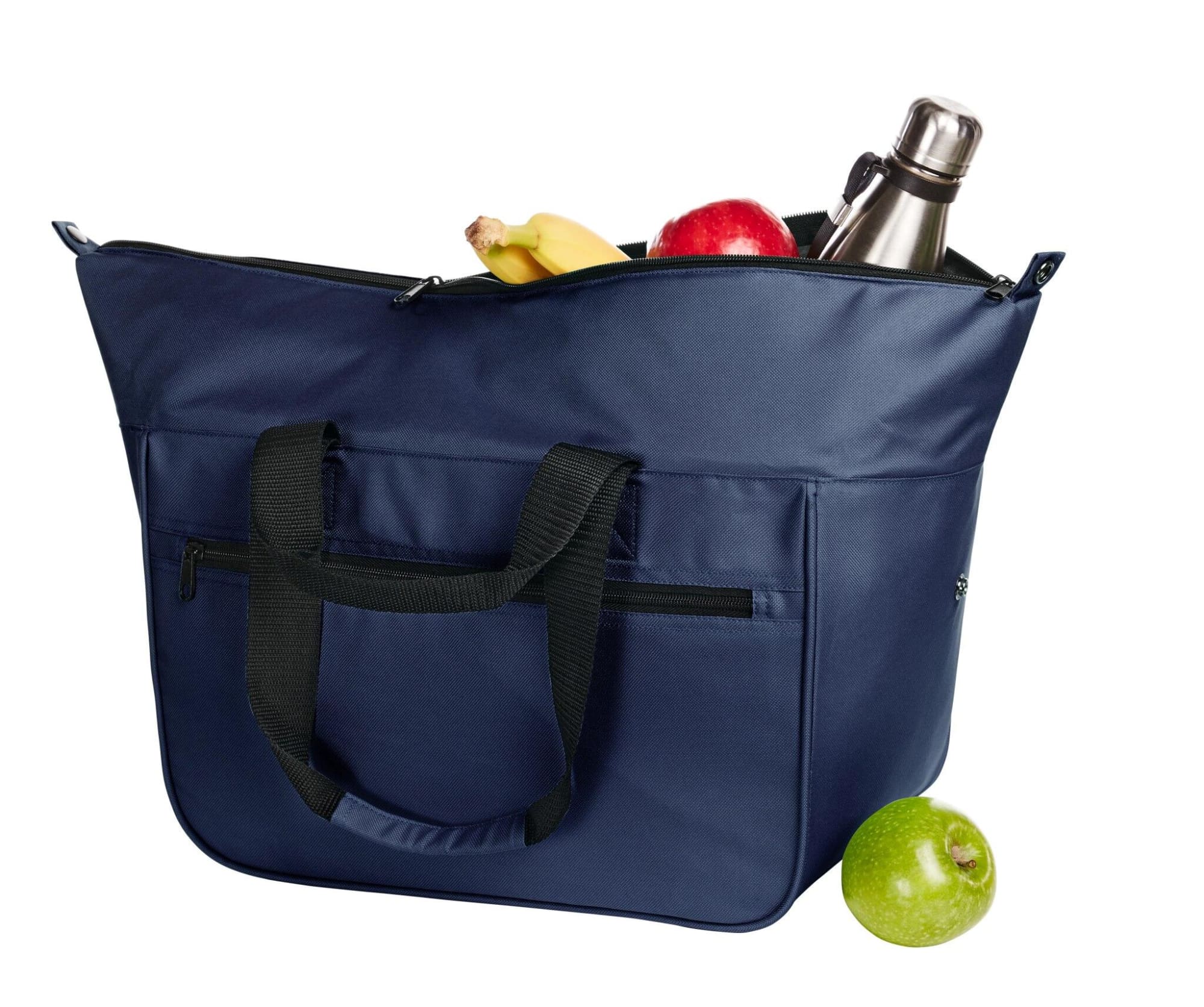 A navy cooler bag filled with fruit, a drink bottle, and a green apple. It features sturdy handles.