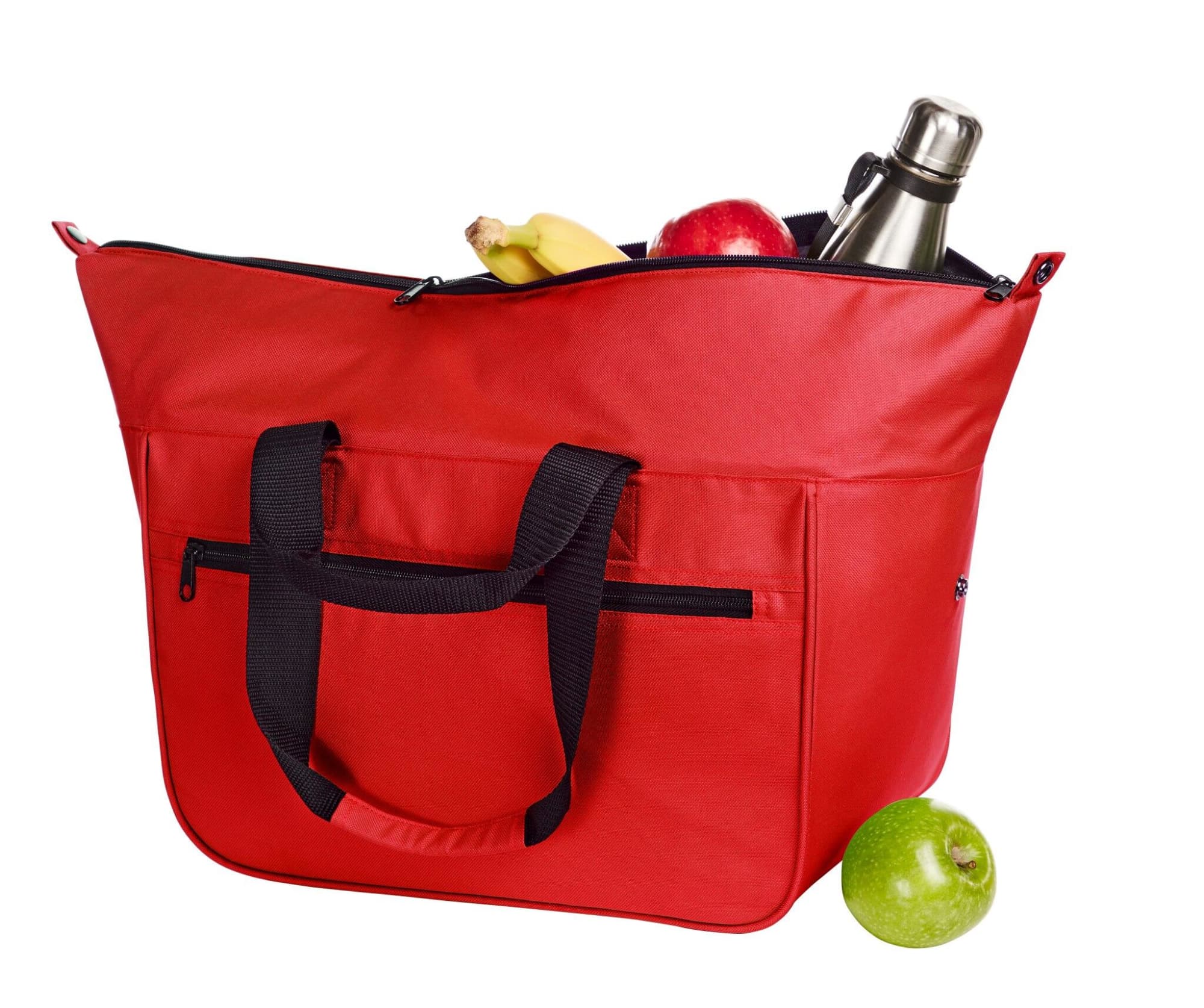 A large red cooler bag with black handles, filled with a drink bottle, bananas, apples, and a green apple.