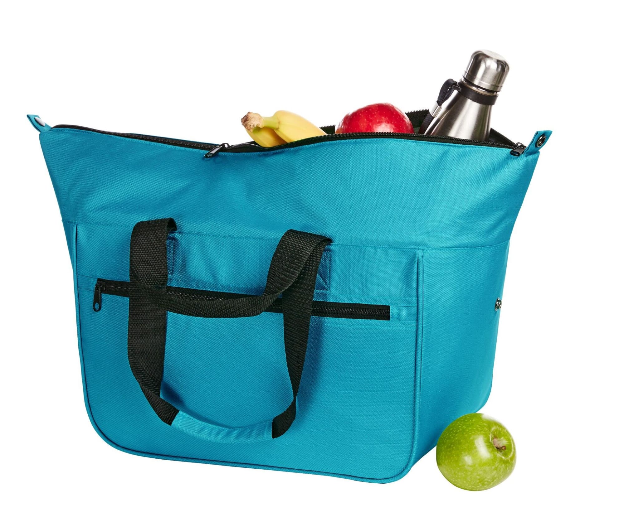 A turquoise cooler bag filled with a drink bottle, bananas, apples, and a green apple, featuring a zip closure.