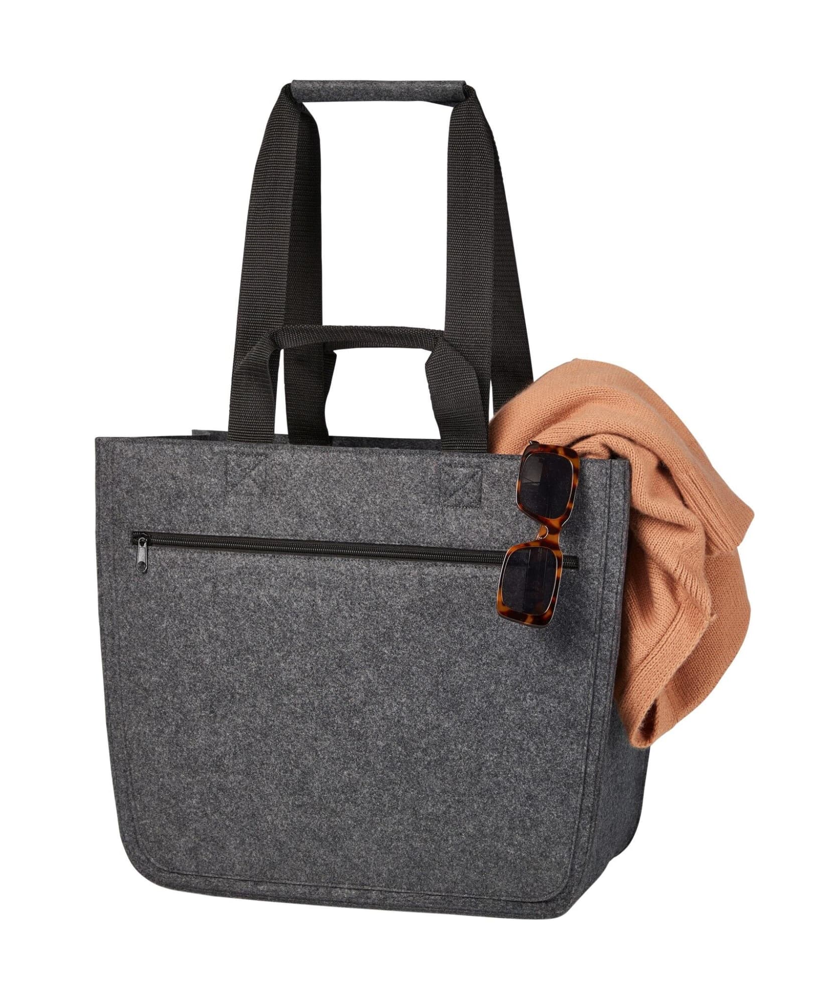 A grey felt tote bag with black straps, featuring a zipped pocket, and adorned with sunglasses and a soft, light-coloured sweater.