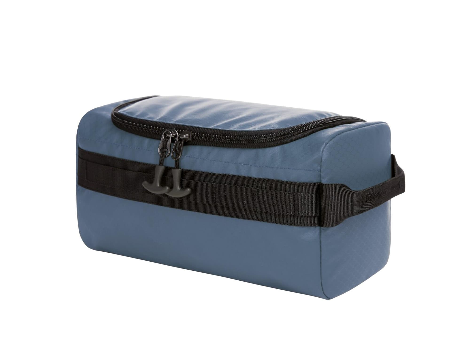 A blue toiletry bag with a zippered top and a black strap. It features a logo on the front.