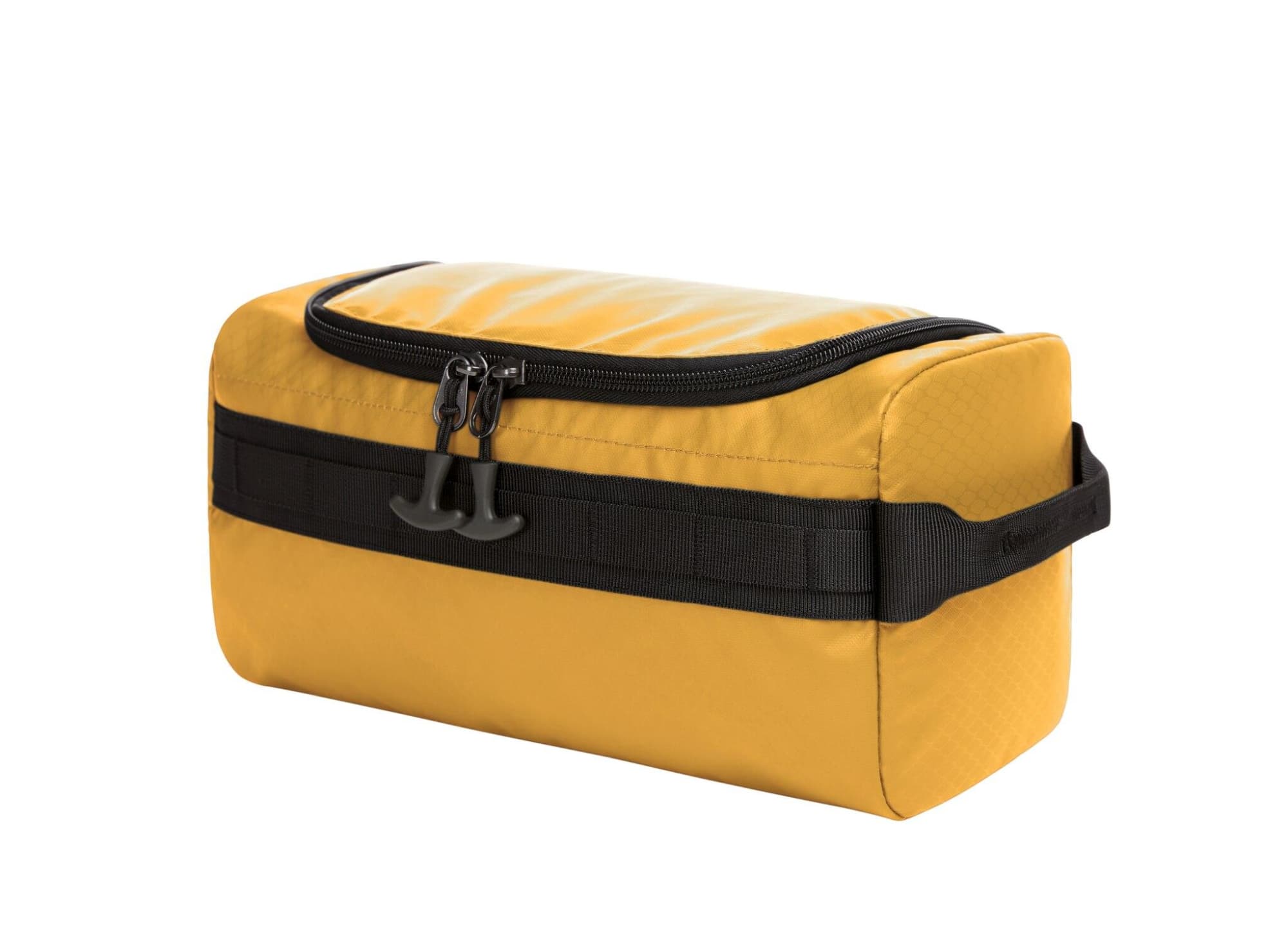 A yellow toiletry bag with a black zip and strap, featuring a sleek design and a logo.