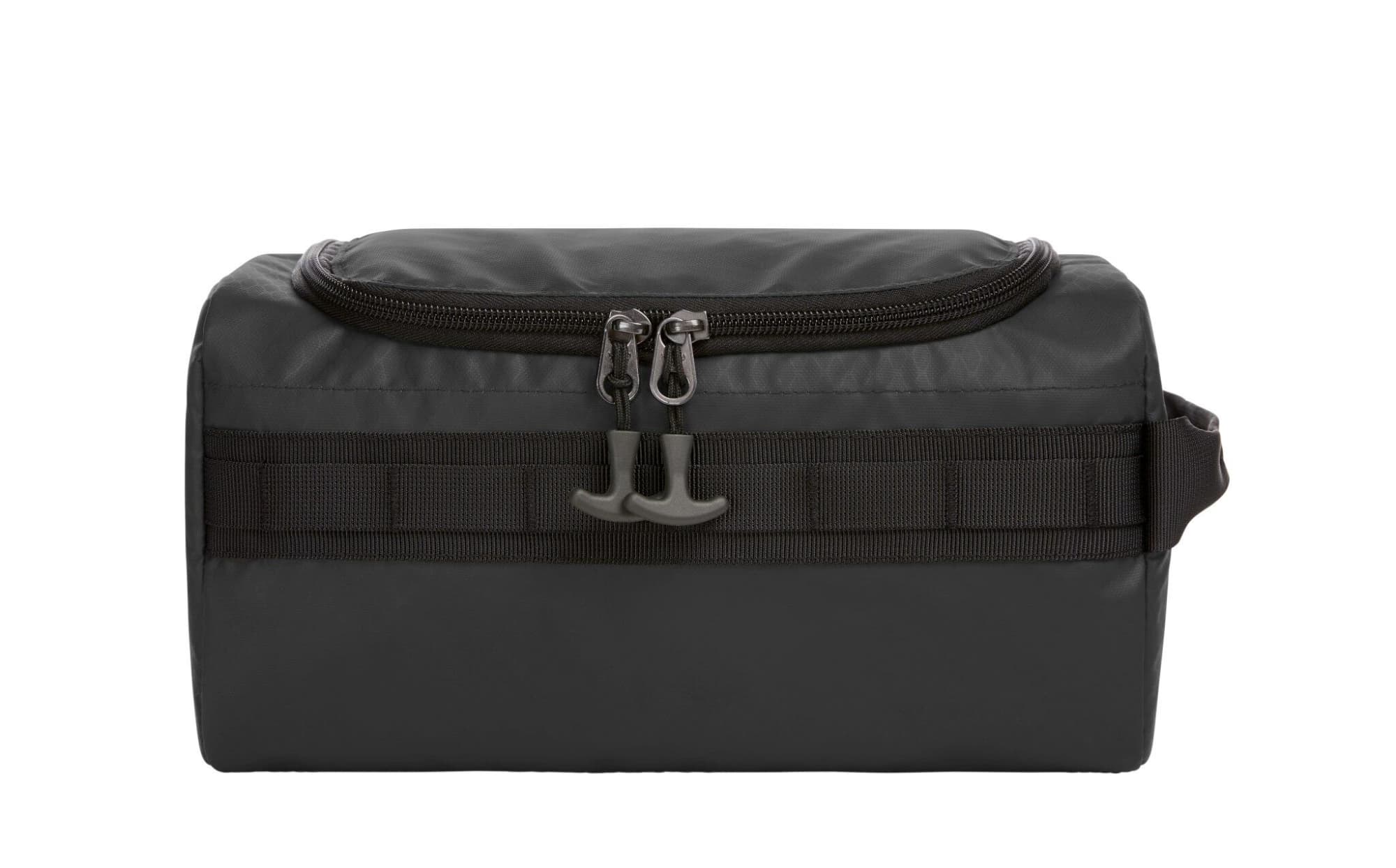A grey toiletry bag featuring a zip closure and a loop handle, designed for storing personal items.